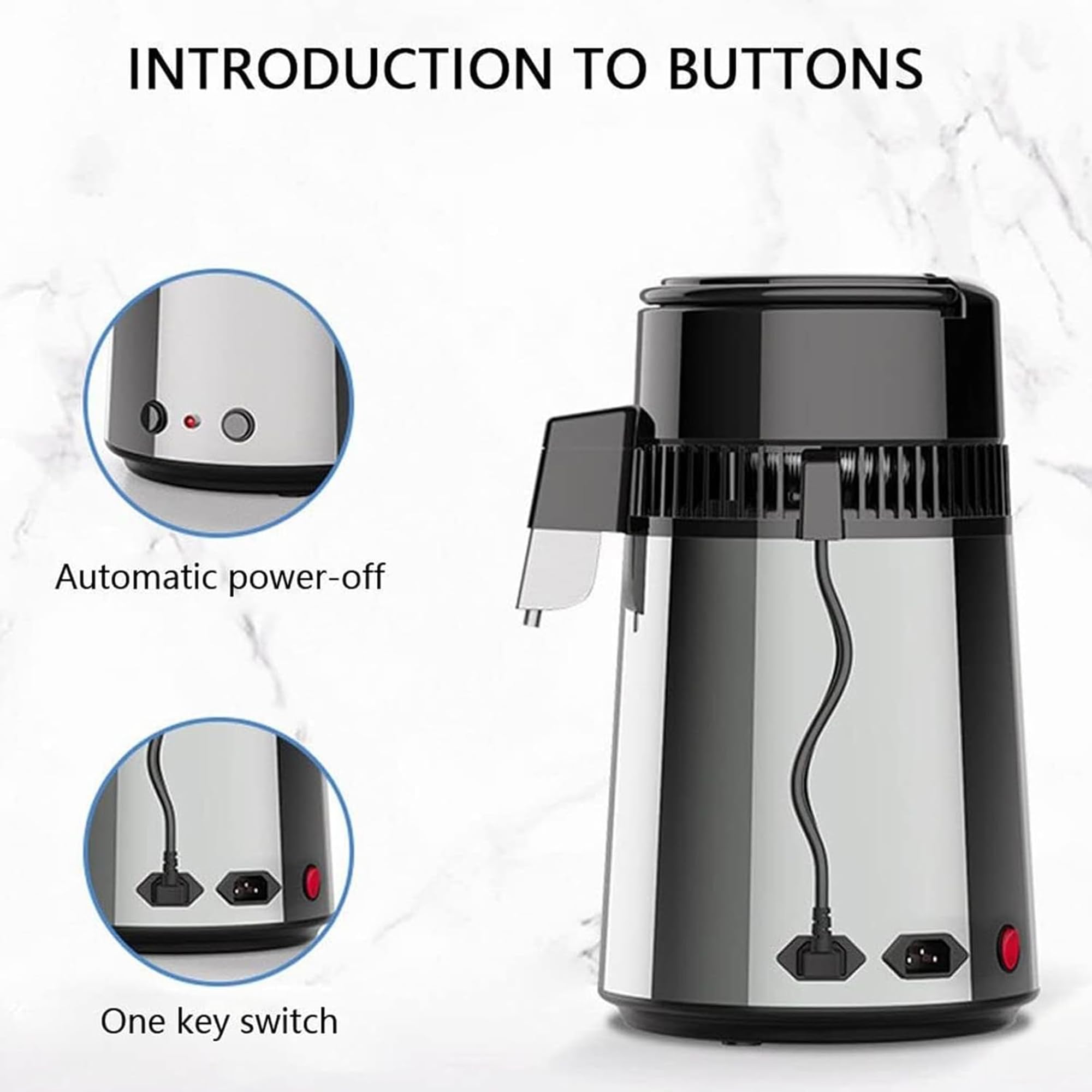 Dispensador de Agua Destilada, Dispensador de Agua Destilada Dental 750W, Dispensador de Agua Destilada para el Hogar 4L con Botella de Vidrio, Funcionamiento con Doble Botón, Protección contra