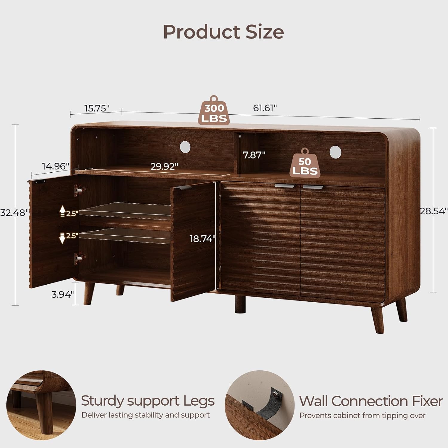 61" Sideboard Buffet Cabinet with Open Storage & 4 Doors, Large Coffee Bar Cabinet with Adjustable Shelves, Mid Century Modern Fluted Buffet Cabinet for Kitchen, Living Room, Walnut