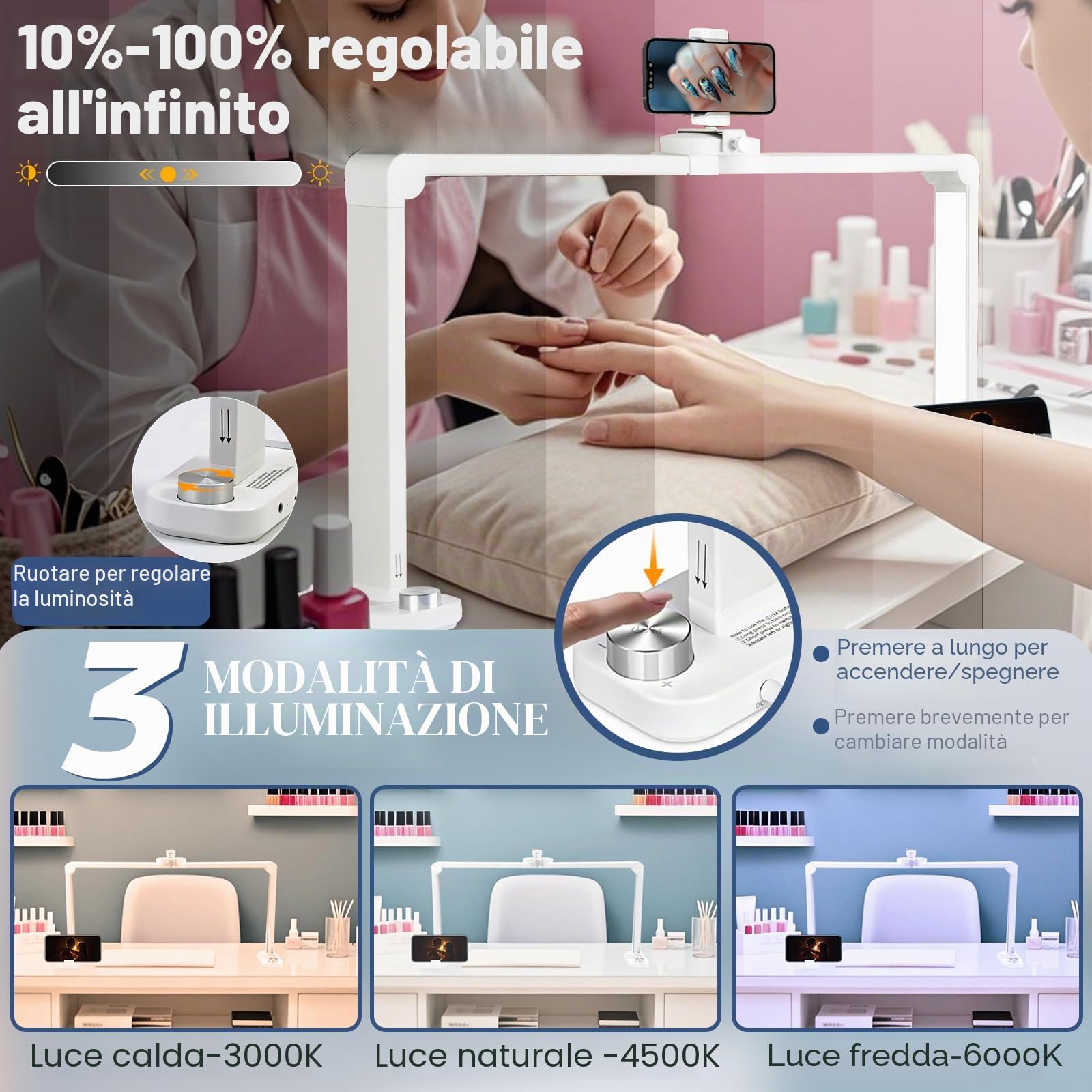 CGBE Lampada Mezza Luna per Unghie con Portacellulare per Onicotecniche | 34 Pollici 40W Lampada da Tavolo LED - Luce da Scrivania con 3 Modalità 10 Luminosità per Manicure Tatuaggi Pittura - Bianco
