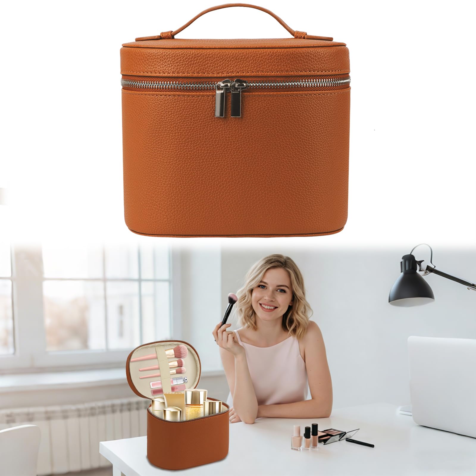 Beauty Case da Donna, Borsa per Trucco per Donne, Organizer con Divisore Rimovibile, Beauty Case da Viaggio in pelle per Cosmetici con Guscio Rigido, Organizer per Trucchi, Regalo Donna(Marrone)