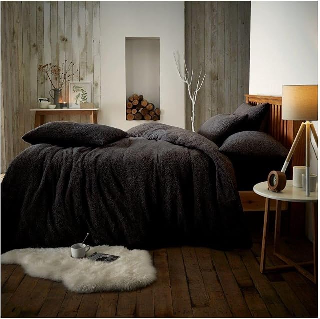 Luxury Soft Teddy Bear Fleece Duvet cover with Pillowcases, Thermal Warm Fluffy Fleece Bedding Quilt Set, Doublesize, Black