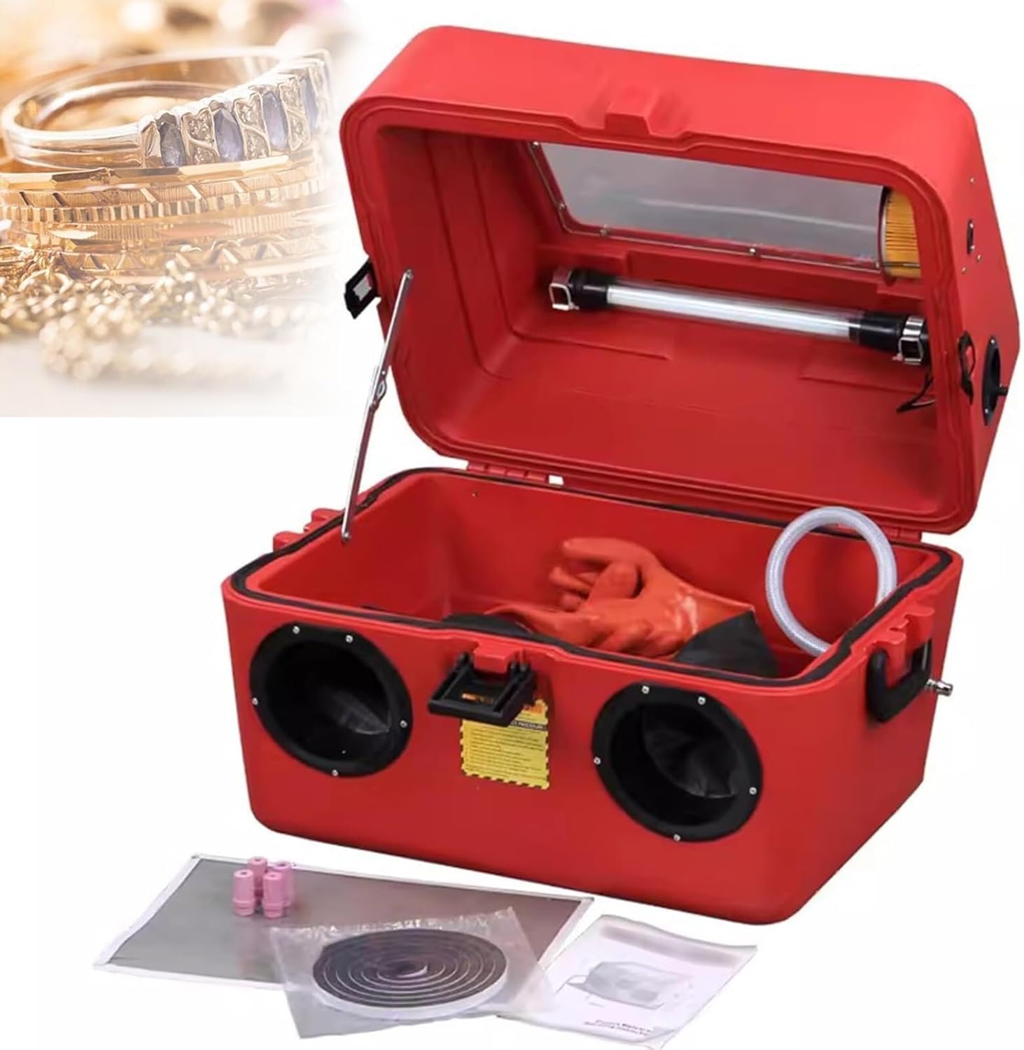 Bench Top Air Sand Blaster Cabinet,Heavy Duty Steel Sandblasting Cabinet with 4 X Ceramic Nozzles,Built-in Light Strip and Filter,for Rust Removal,Stain, Paint