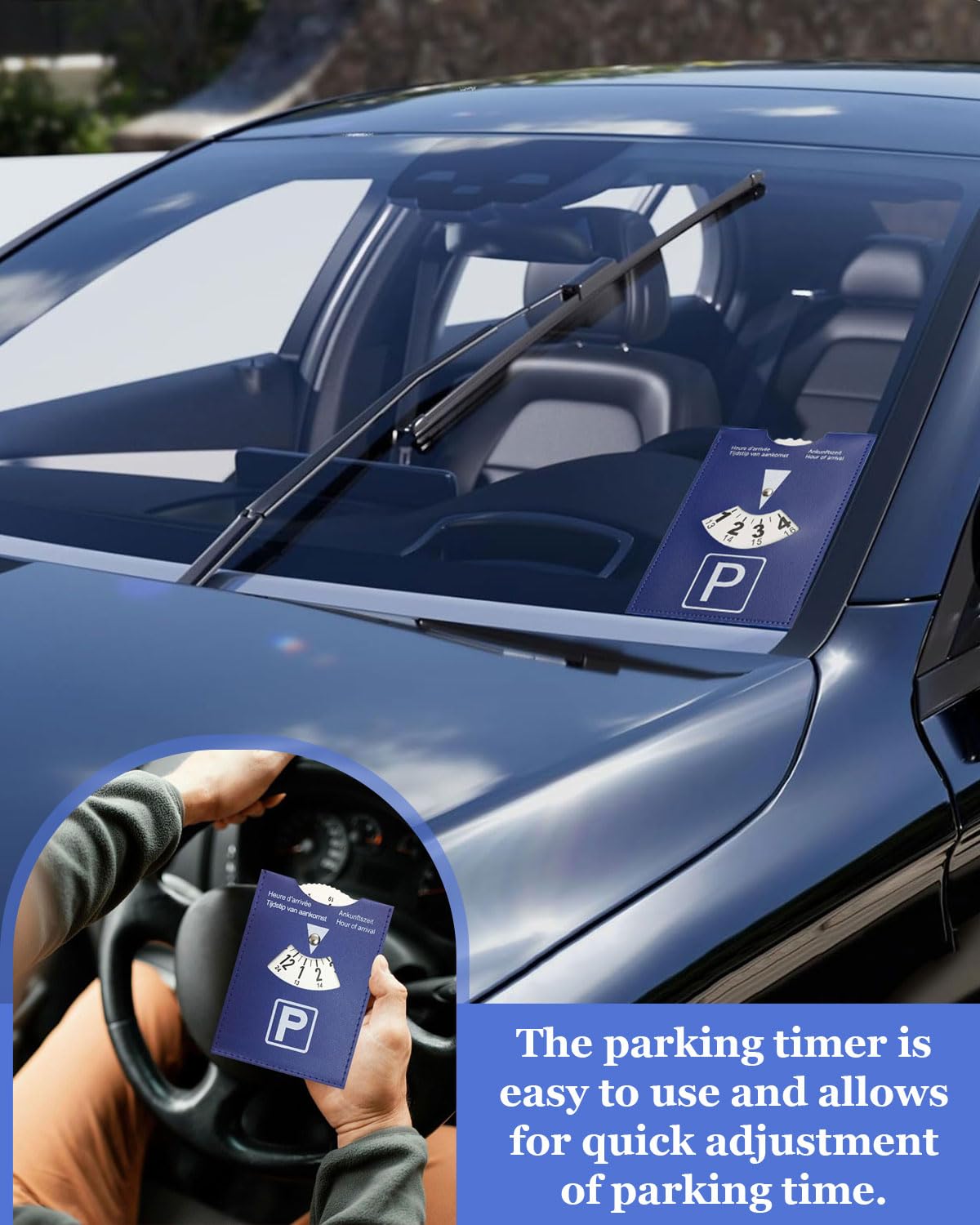 GRETY Disco Horario de Lujo Grande para Estacionamiento, Modelo Europeo Multilingüe, en Cuero Sintético Suave al Tacto, 10x13cm, para Coche, Moto, Azul
