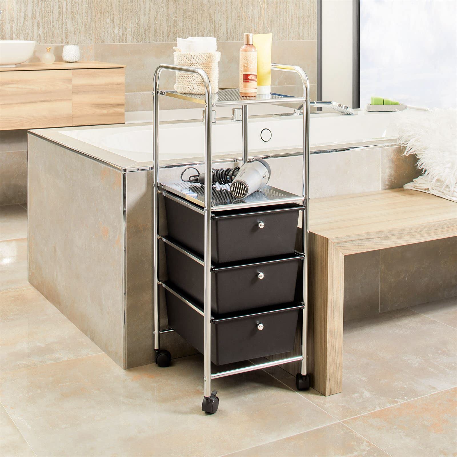 IDIMEX Caisson sur roulettes GINA Chariot avec 3 tiroirs en Plastique Noir et 2 étagères, Meuble de Rangement pour Salle de Bain en métal chromé