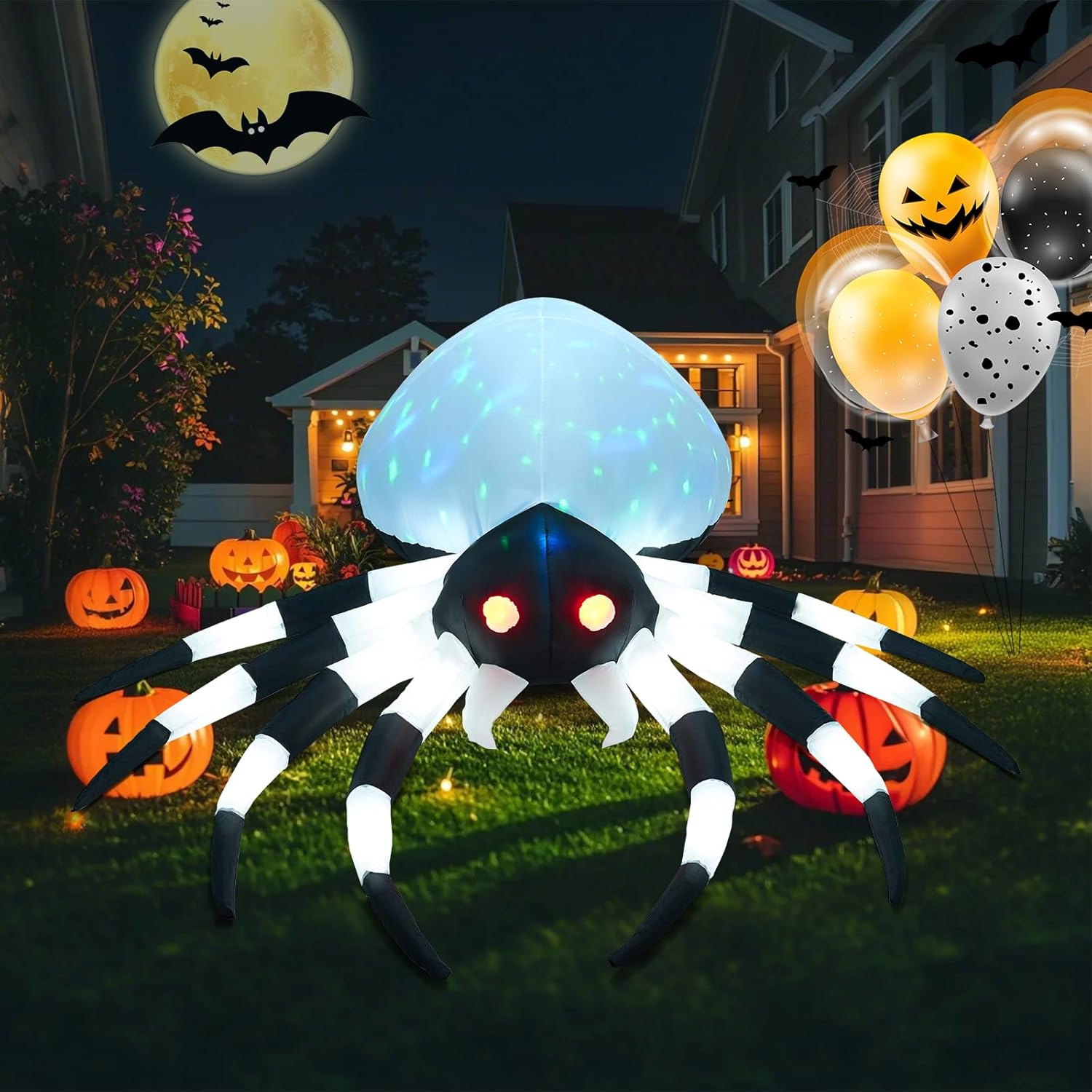 8FT Halloween Inflatables Giant Spider with 18 Built-in LED Lights and Magic Cube Light, Halloween Blowups for Yard, Garden and Lawn Outdoor Decoration (2 LEDs Each Leg)