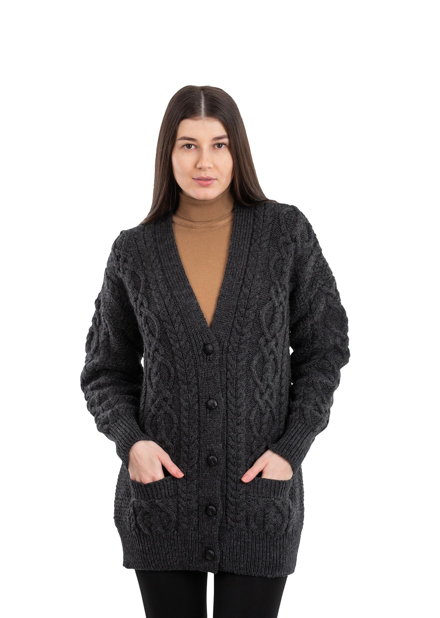SAOL Cárdigan de punto trenzado 100 % lana merino, con botones, manga larga con bolsillos para mujer