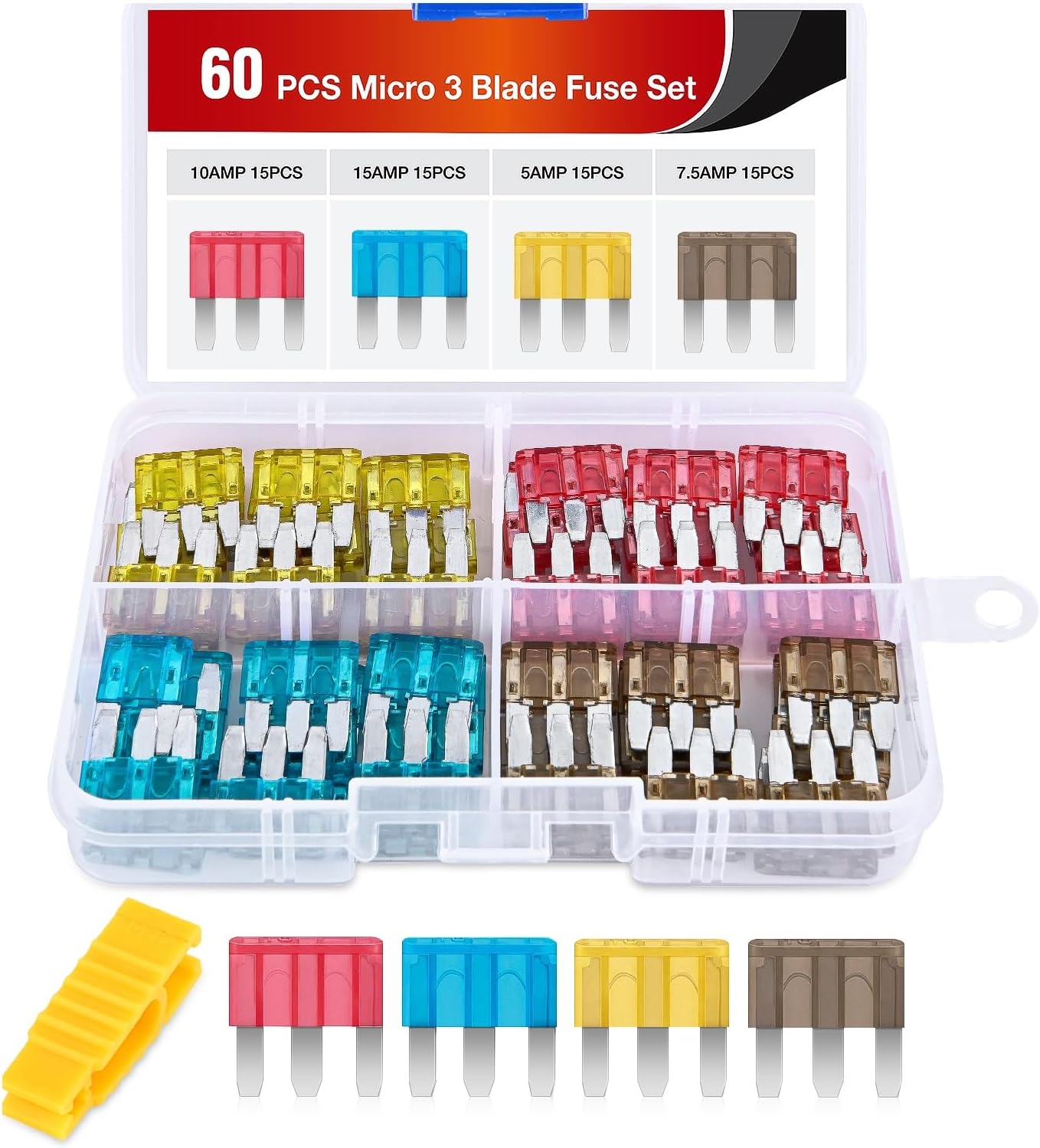 - Nilight 60PCS Micro3 Fuse ATL Blade Assortment Kit 3 Prong Micro Blade Car Fuses Replacement 5A 7.5A 10A 15A with Puller Tool for Cars Trucks SUVs RVs
