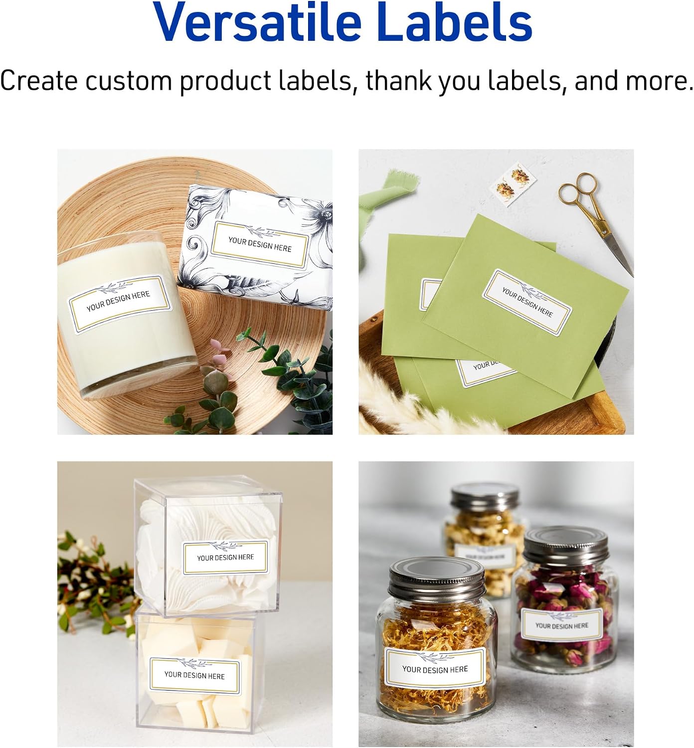 Avery Printable Rectangle Labels, 1" x 2-5/8", Glossy White, Pre-Printed Gold & Navy Border/Florals Design, Sure Feed Technology, Laser & Inkjet Compatible, 320 Total