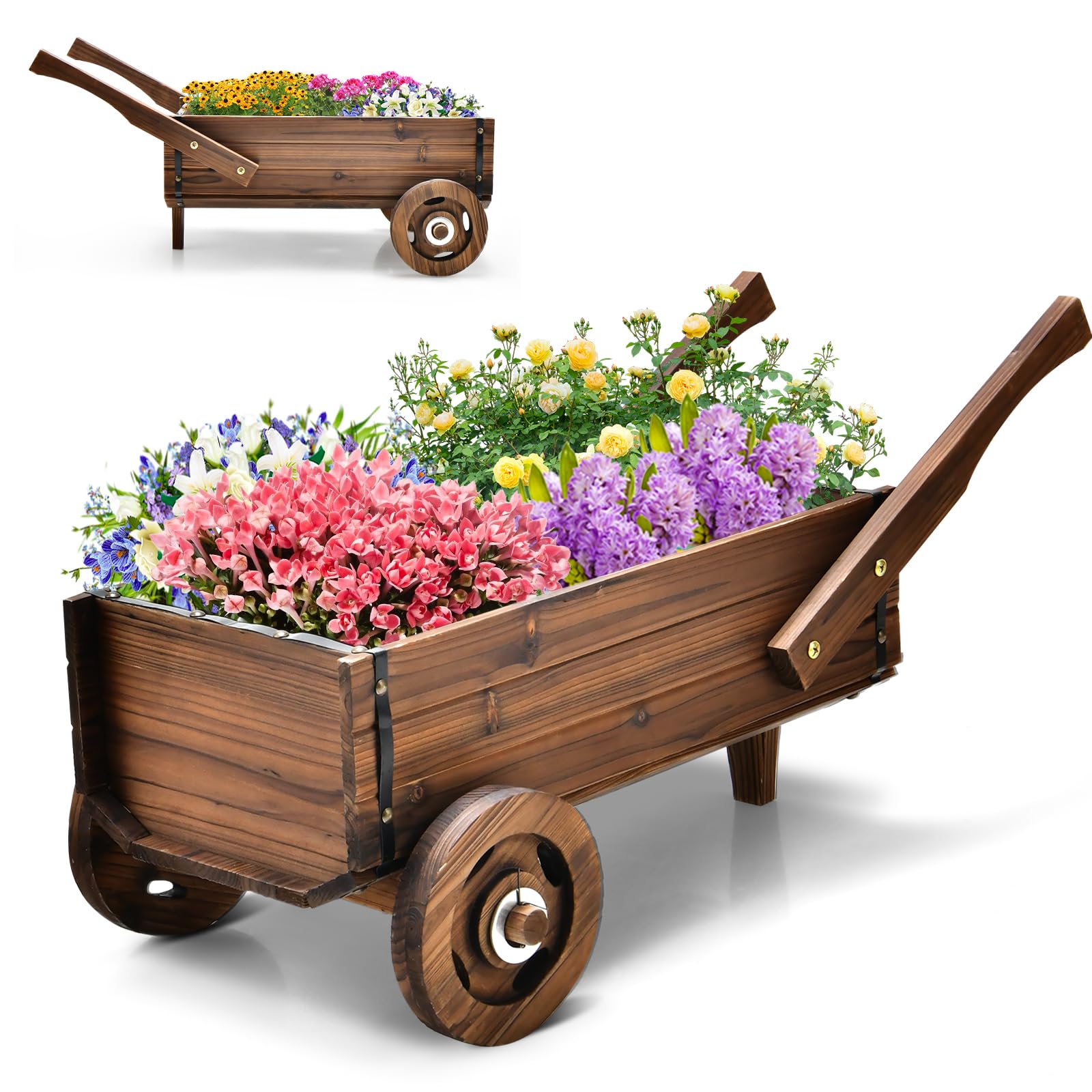 HOMASIS Carriola da Giardino in Legno, Carrello per Piante con Manico e Ruote, Fioriera Rialzata da Esterno con Fori di Drenaggio, Decorazione per Giardino, Balcone, Terrazza (81 x 40 x 38,5 cm)