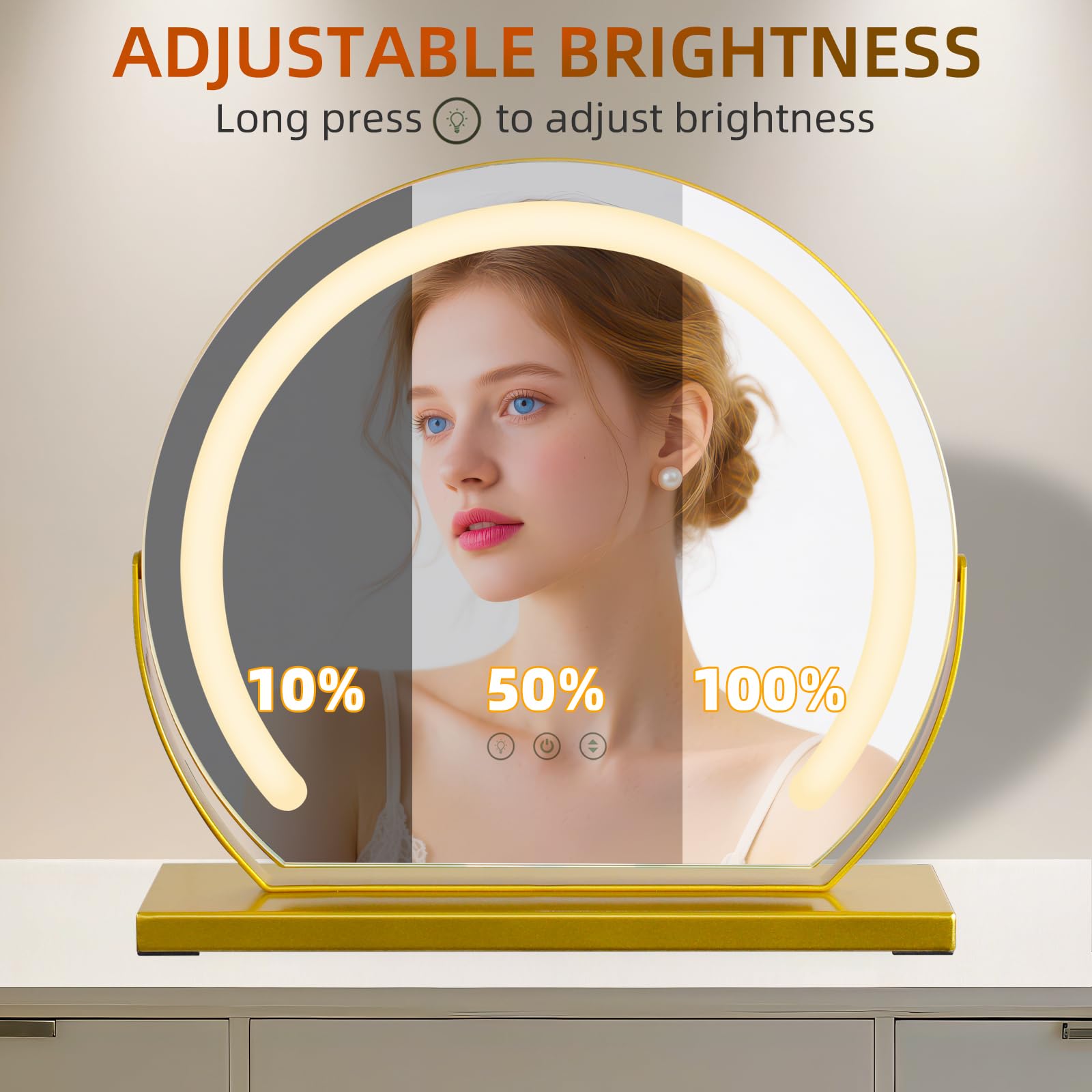 Tischspiegel Kosmetikspiegel mit Beleuchtung Schminkspiegel mit Licht 3 Farbtemperatur Verstellbares 360° Drehung 40x40cm 9W Touch Steuerung Plug-in Makeup Spiegel für Zuhause Gold