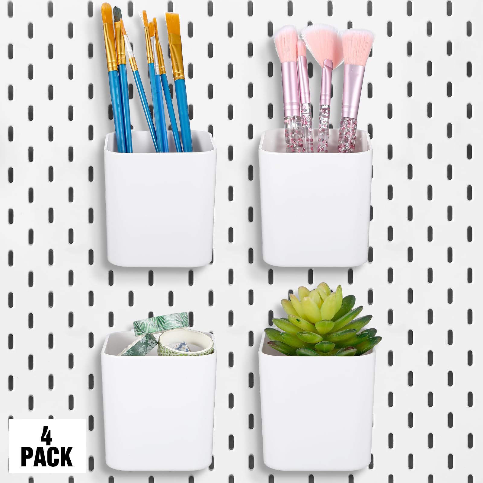 Tolare ABS Plastic Pegboard Cup with Hooks, 4 Pack, White, 2.9 x 3.5 x 3.2 Inch, Modern, Minimalist, Pegboard Organizer Accessories