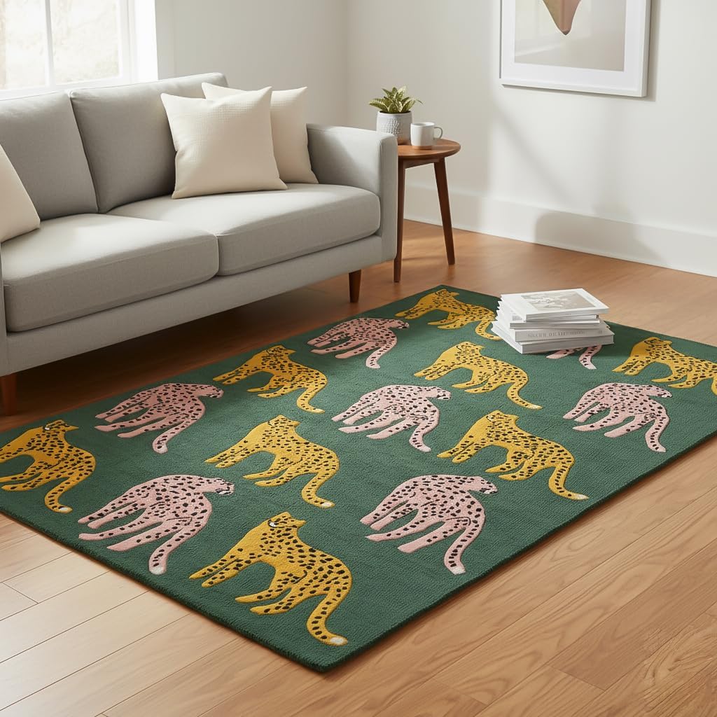 Hand-Tufted Catwalk-Inspired Jungle Safari Wool Area Rug - Animal Print, Plush & Thick Green Carpet | Stylish Home Decor for Living Room, Bedroom, Playroom & Kitchen (Green, 2.6' x 8')