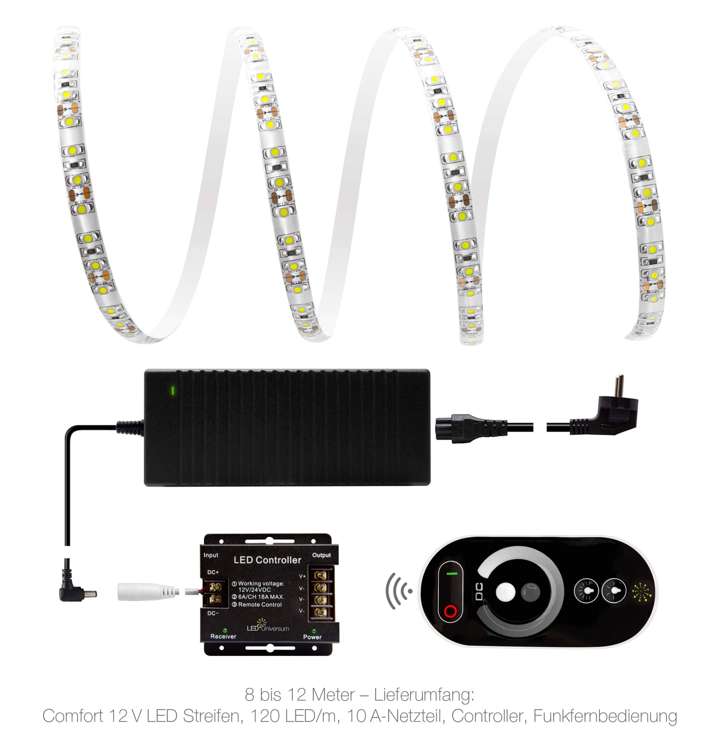 12 metros muy HELLERMANN kaltweißer tira LED (120 LED/M, IP65, 12 V), incluye controlador, mando a distancia y fuente de alimentación