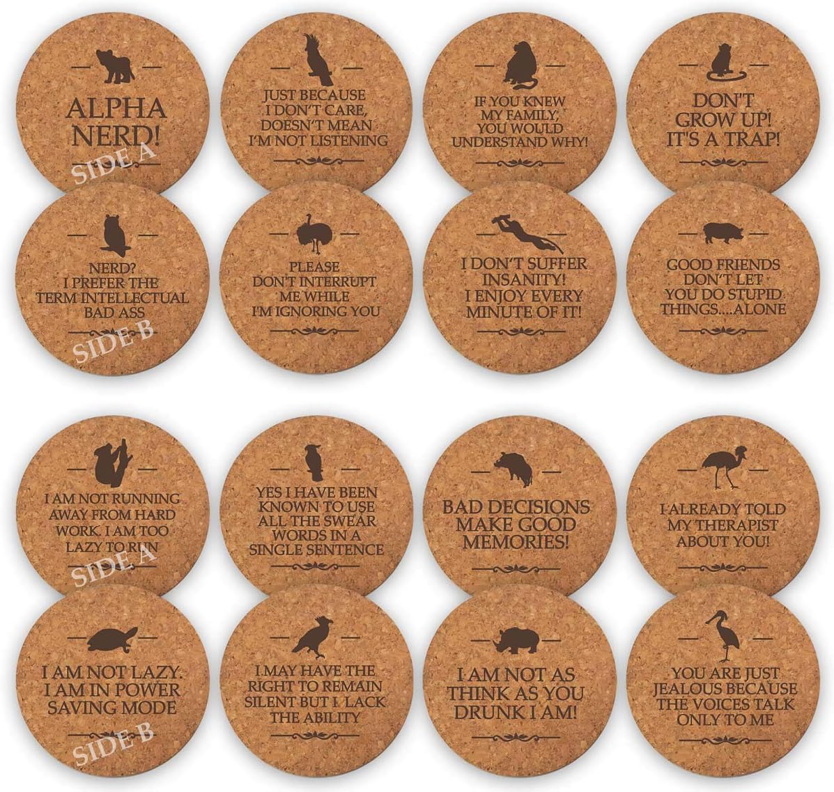 Funny Party Cork Bar Coasters [8 Pack] Double Sided Laser Engraved with 16 Sayings. Have Fun for Birth Day Man Woman Colleague Office Coffee Mug Beer Drinking Glass