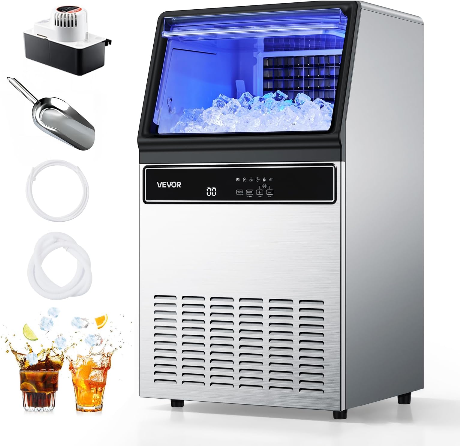 VEVOR Commercial Ice Maker Machine with Pump, 130Lbs/24H with 33Lbs Storage, 45 Cubes per Cycle, Freestanding & Under Counter Ice Maker with LED Display & Self-Cleaning, for Home Bar Restaurant