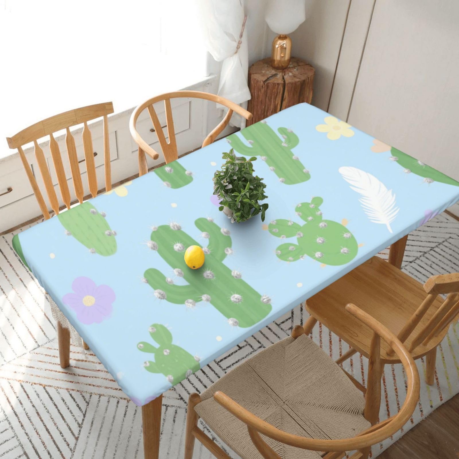 Fodpand Black Cactus Spandex Fitted Tablecloth For 5 Foot Rectangle Tables,Waterproof Picnic Table Cover Stretch Table Cloth Washable Table Protector For Picnic, Camping, Outdoor