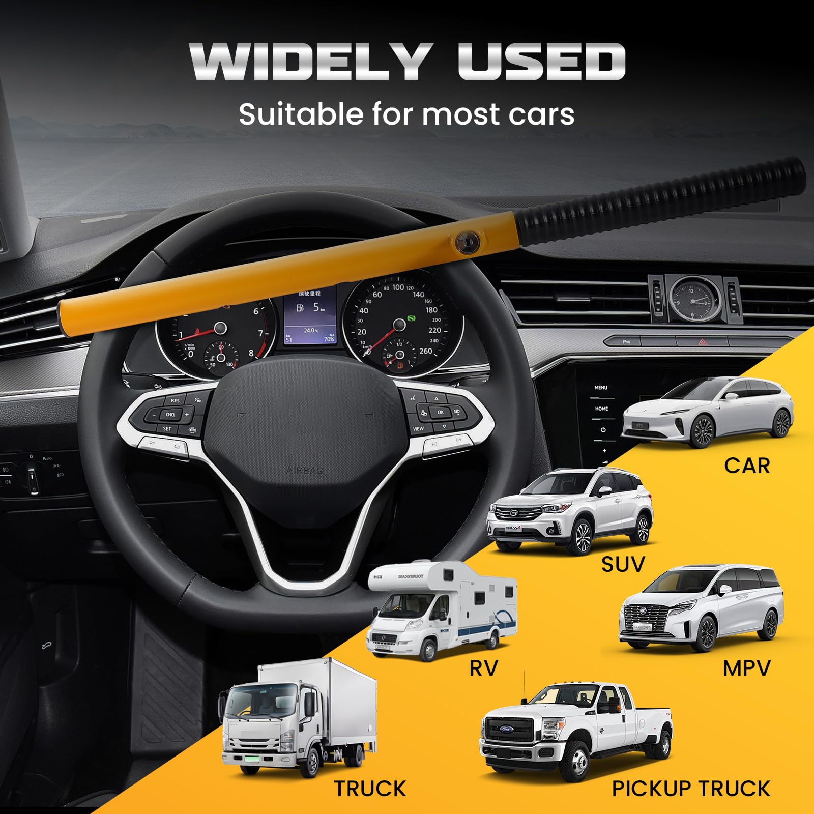 LAMA Verrou de volant de voiture, haute visibilité en métal robuste avec 2 clés, antivol universel pour voitures, camions, camionnettes, SUV, jaune