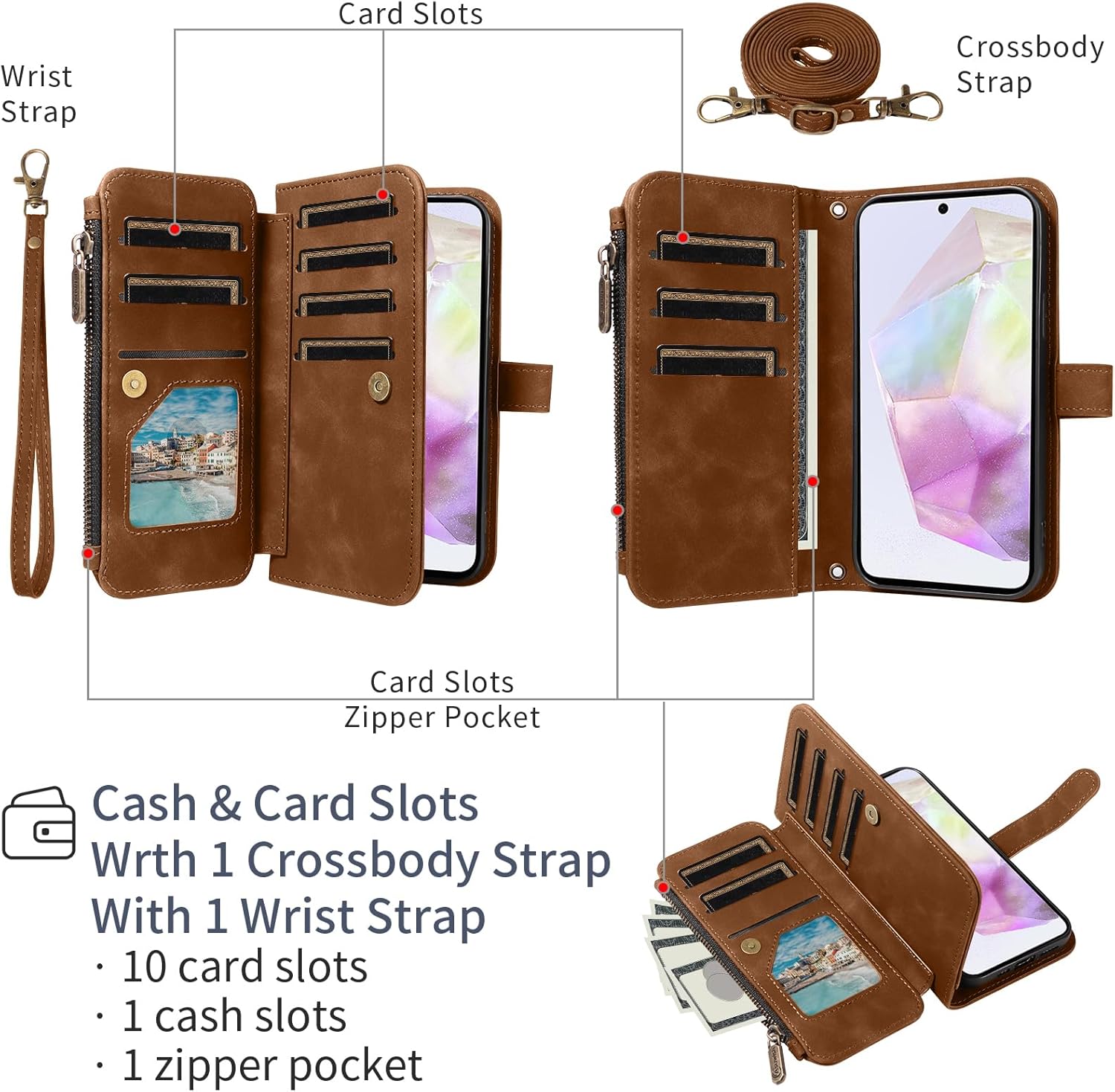 Asuwish Phone Case for Samsung Galaxy A35 5G Zipper Wallet Cell Cover with Tempered Glass Screen Protector Crossbody Wrist Strap Flip Credit Card Holder Shoulder Slot A 35 35A A355G Women Men Brown
