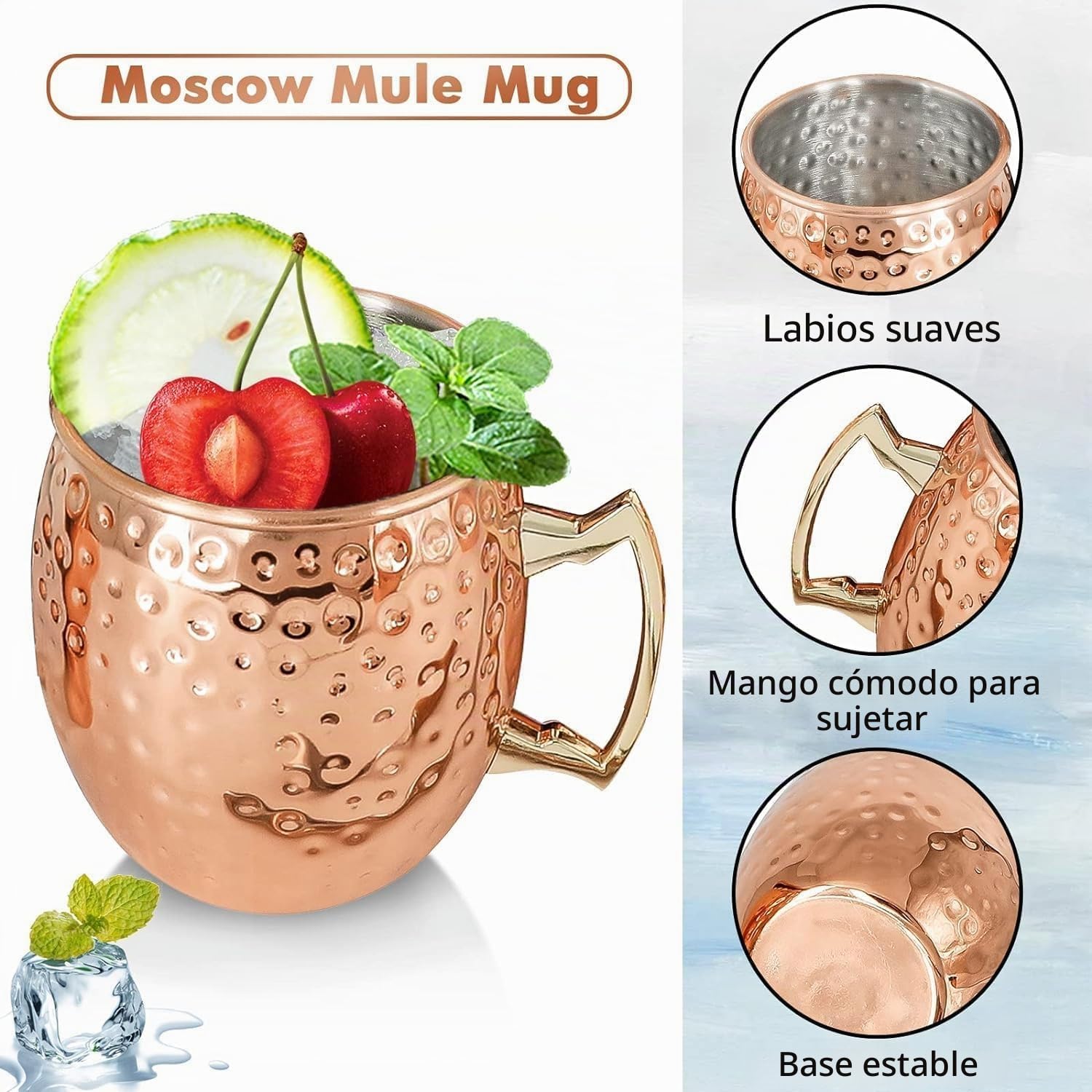 Moscow Mule - Juego de 24 tazas chapadas en cobre de 18 oz (532 ml) a granel, tazas grandes de acero inoxidable martillado con asa, 1 jigger doble de acero inoxidable de 0,5 oz (15 ml), pajitas de