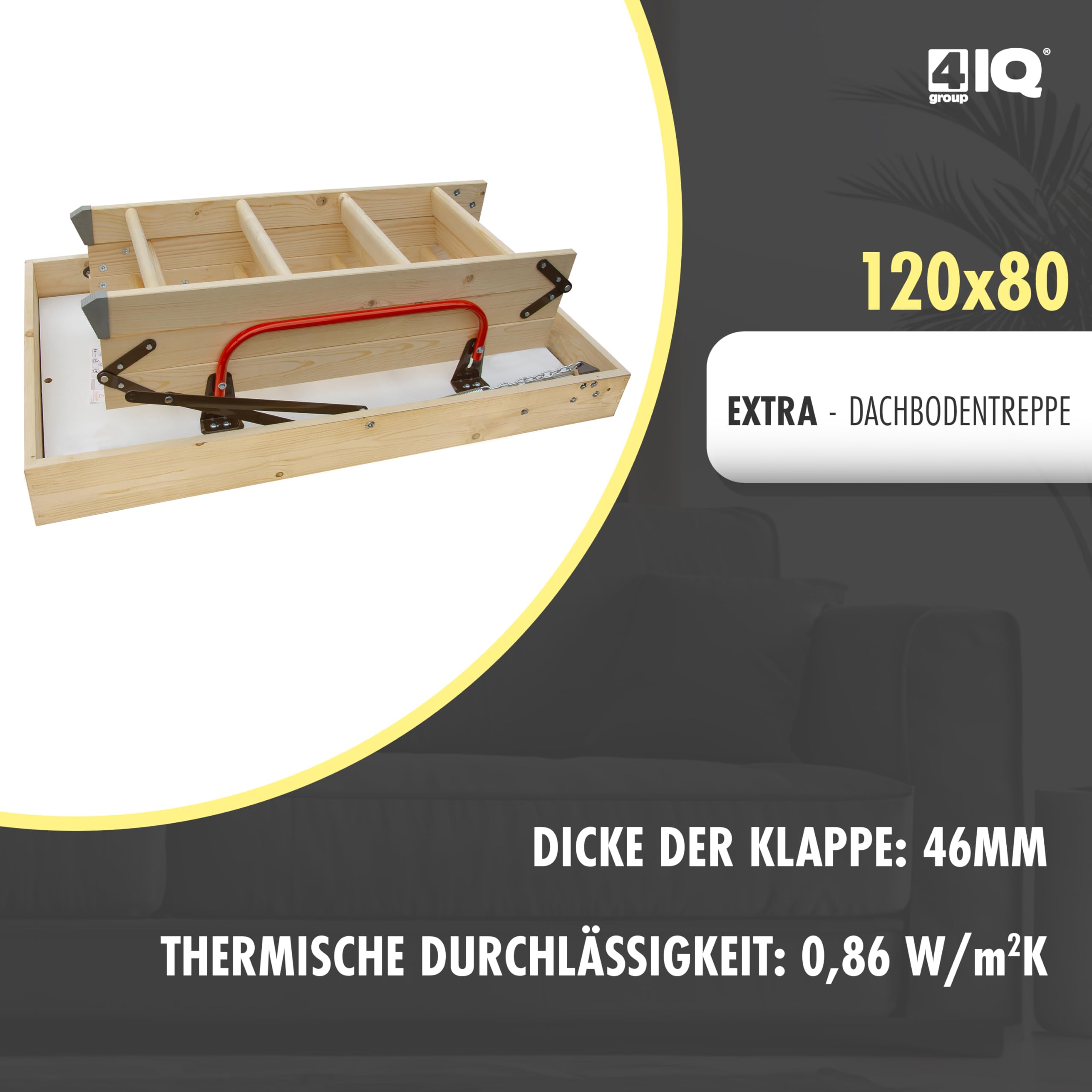Bodentreppe Gedämmt 120 x 80 cm - Dachbodentreppe U-Wert 0,86 - Dachbodenluke Raumspartreppe Innen - Bodenluke mit Treppe bis zu 150 kg Traglast