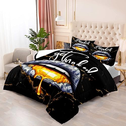 Miniatura 3 de LUVIVIHOME Juego de edredón de 3 piezas con diseño de labios y dinero, tamaño Queen, con textura de mármol de cien dólares, diseño moderno de mármol