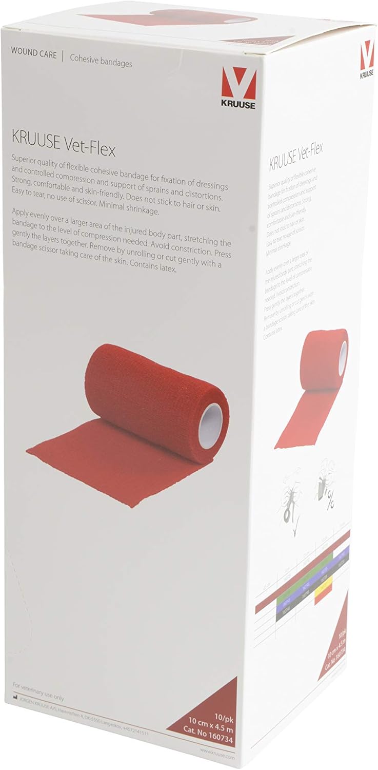 Kruuse Vendaje Cohesivo Autoadhesivo Vet-Flex Flexible Primeros Auxilios, Deportes, Vendas Elásticas, Animales, Lesiones 10 cm x 4,5 m - Caja 10 Rollos (Rojo)