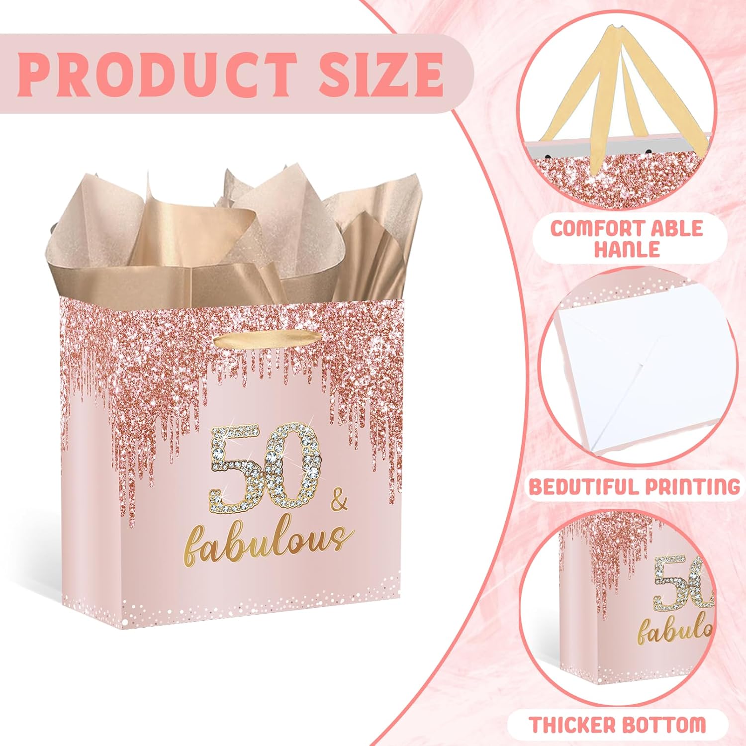 SolarGlory Rose Gold 50th Birthday Gift Bag Large 50 & Fabulous Gift Bag with Card and Tissue Papers for Women 50 years old Birthday Wrapping Paper for Fifty years old Bday Party Decorations - Image 3