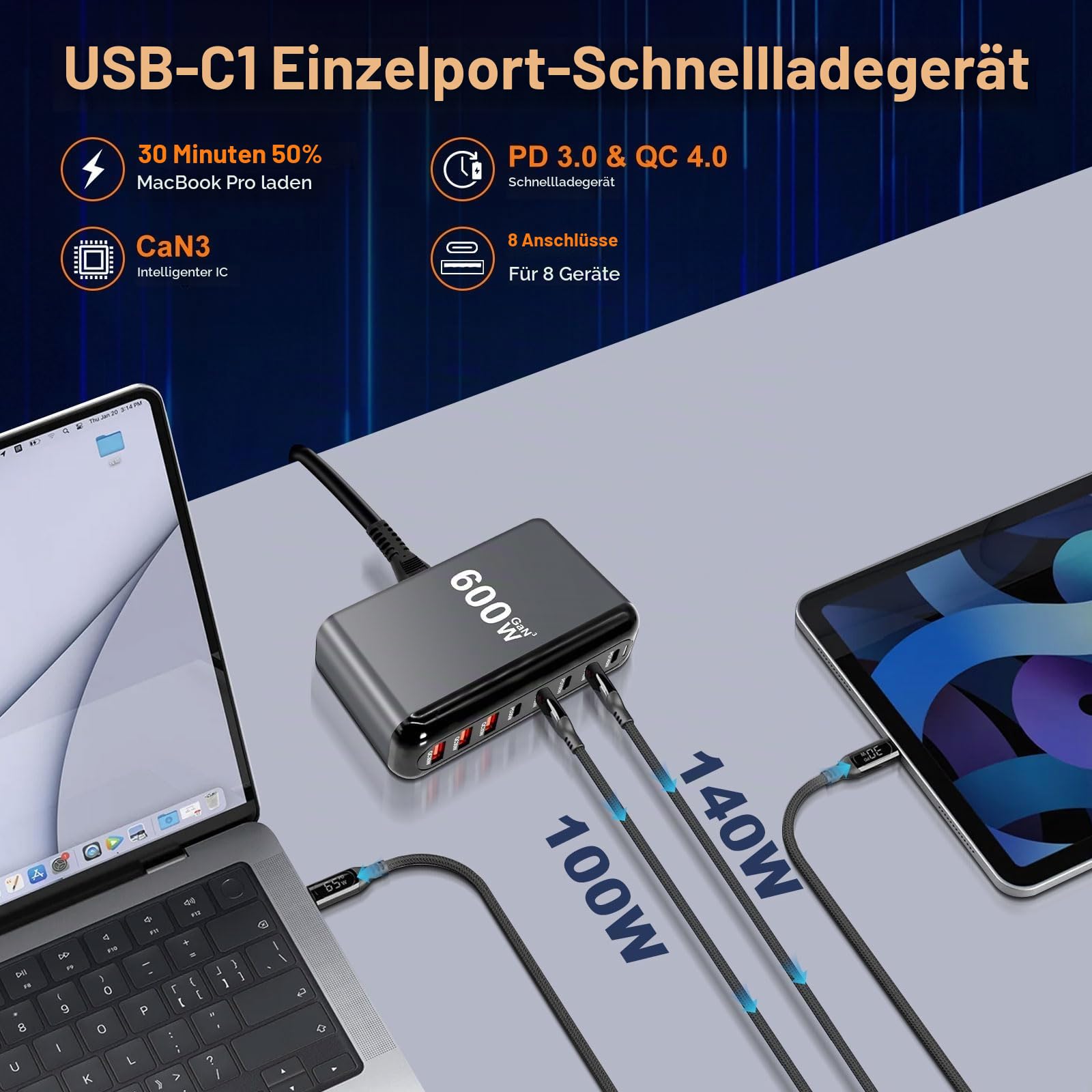 600W USB C Ladegerät Mehrfach, 8 Ports Schnellladegerät Ladestation mit 6 -C und 2 -A Charger für MacBook Pro/Air,iPad iPhone 15Pro/Sumsung