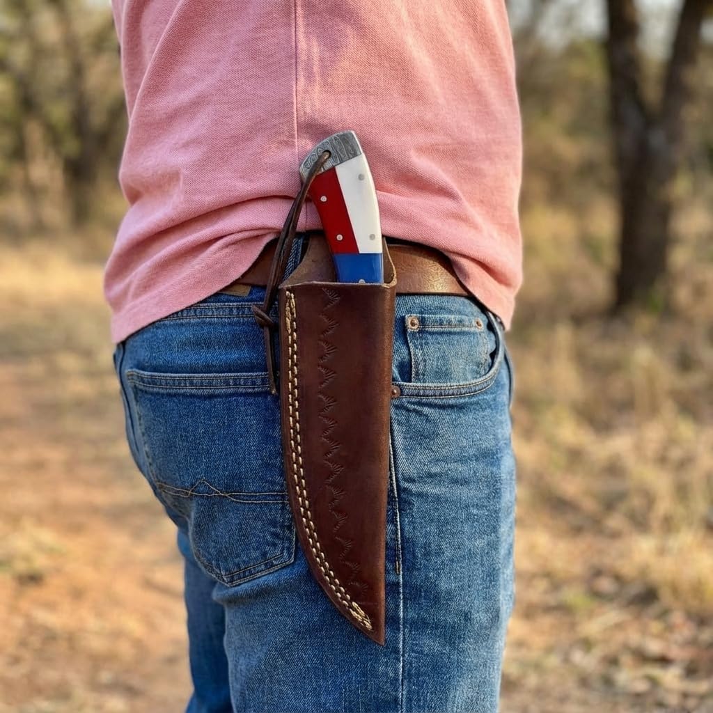 Hercules Custom Hand Forged Damascus Hunting Knife with Leather Sheath Fixed Blade Camping, Bushcraft, Survival, Outdoor Knife, Texas Flag Handle, Handmade Full Tang (FBK-A)