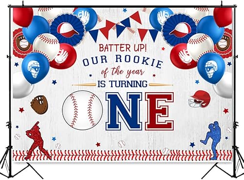 Miniatura 4 de Mocsicka Telón de fondo de béisbol para el primer cumpleaños para niño con texto en inglés "My Rookie Year", decoración de fiesta de béisbol novato