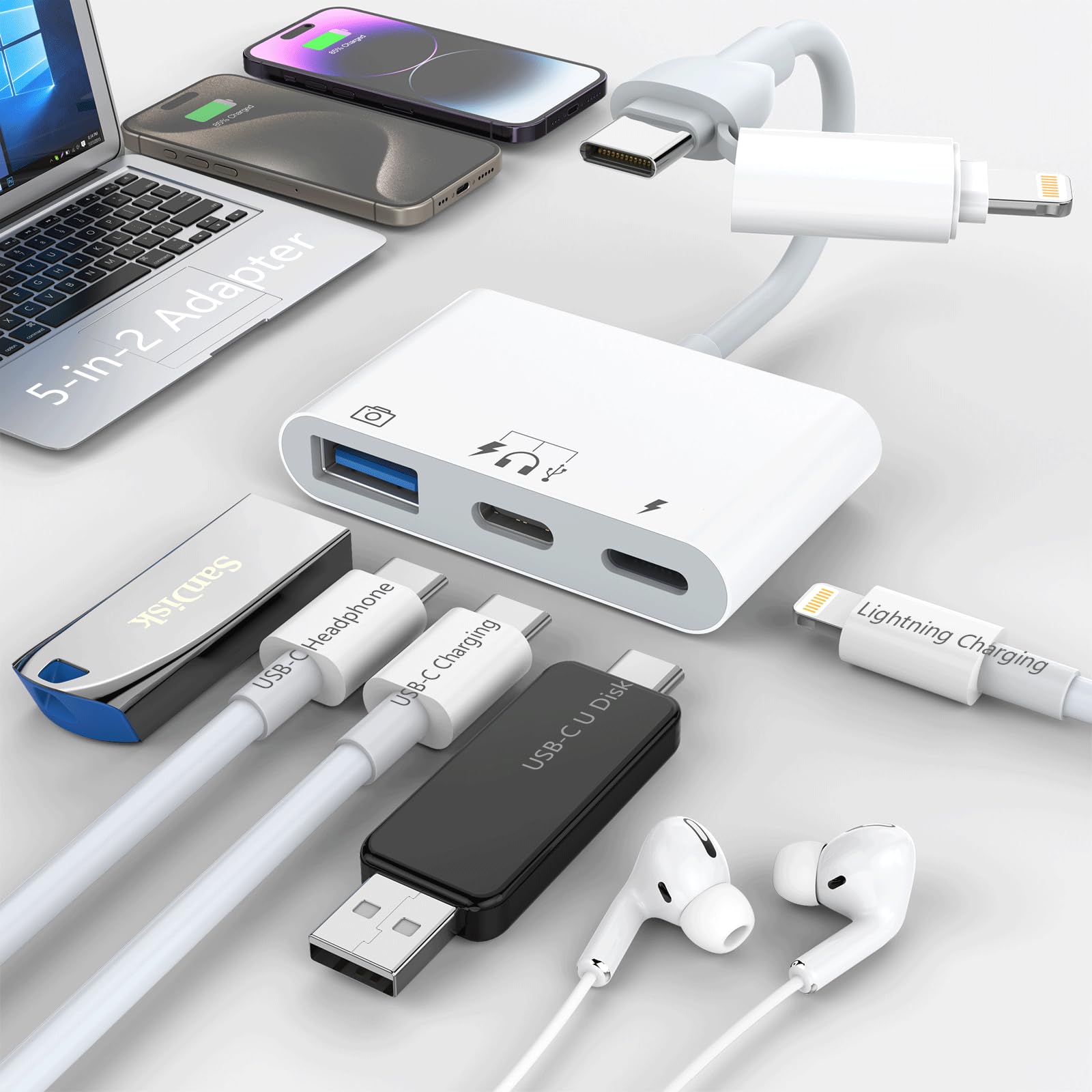 Opluz USB + Type-C AUX Adapter for iPhone/Sansung, USB Camera Adapter+USB-C Headphone Audio Jack Adapter/Data syna、Charger+Lightning iPhone Charger Splitter, 5 in 2 USB OTG Adapter for iPhone/Android