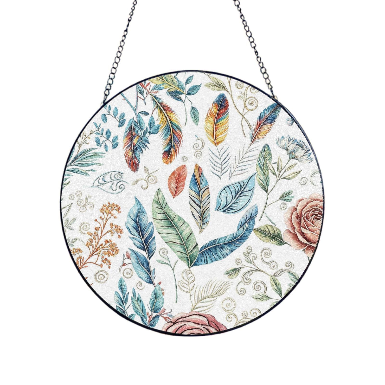 Boho Feather Botanic Stained Glass Suncatcher Rainbow Prism Patio Ornament 7.87x7.87 Inch Tin Sign-4 7.87x7.87 inch