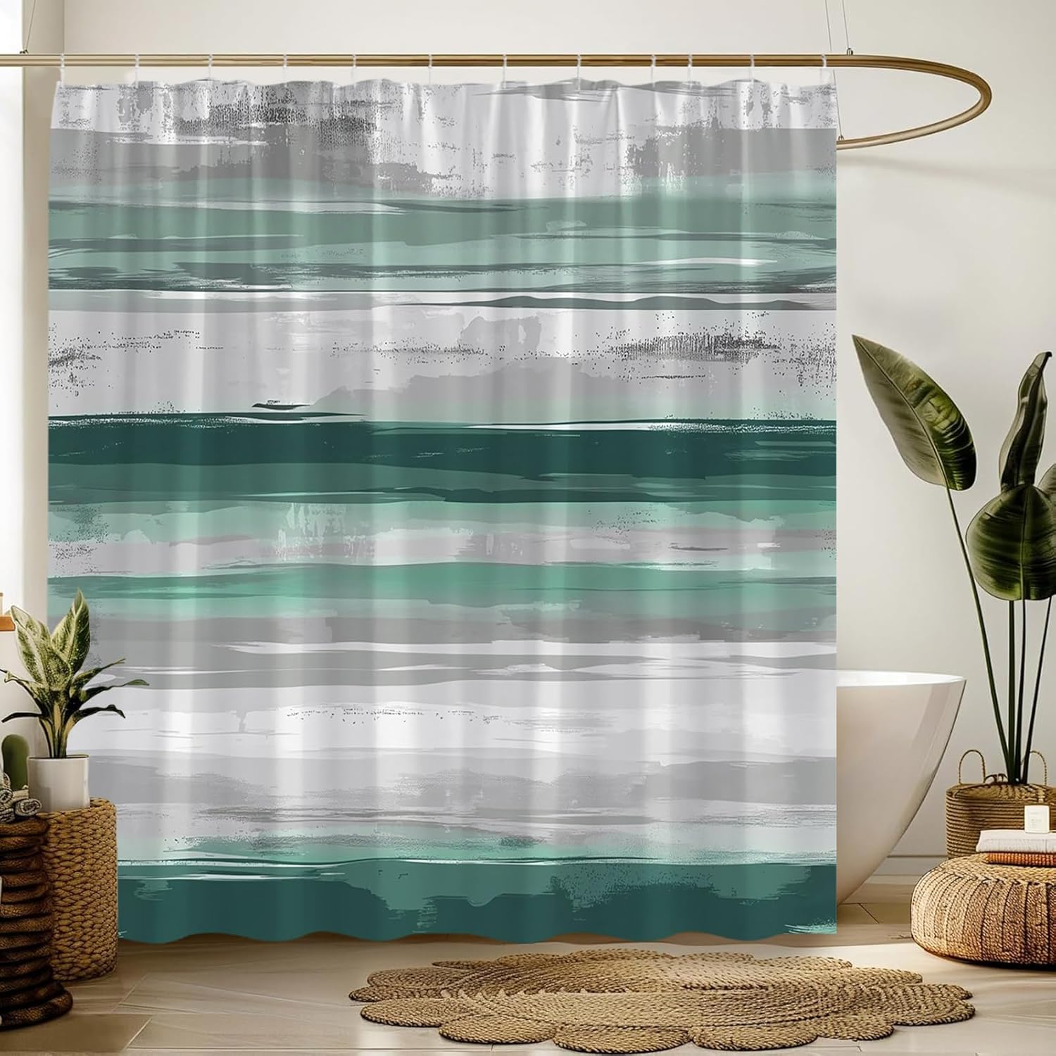 Green Gray Extra Long Shower Curtain,Abstract Geometric Striped Moden Art Bathroom Home Curtain Decor with Hooks,70x84 Inch