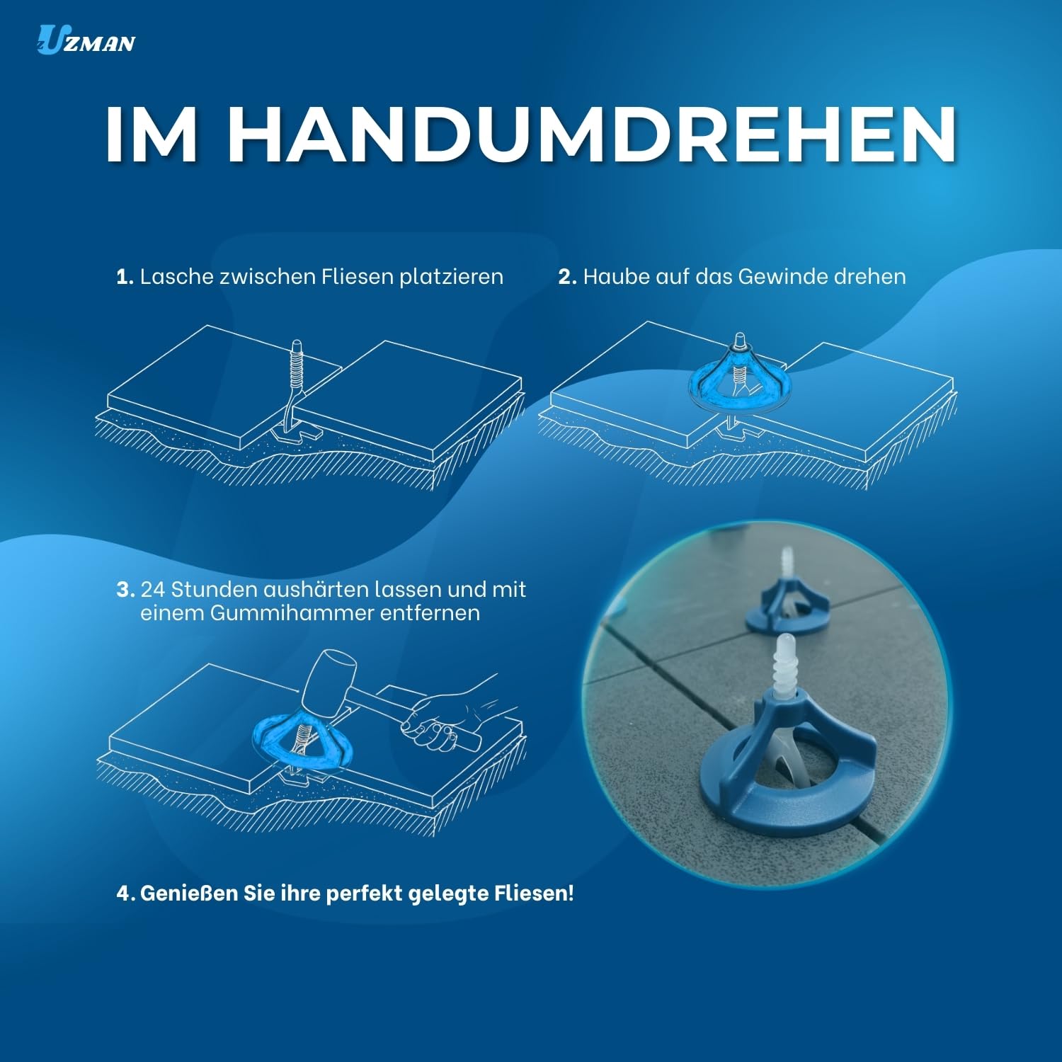 Uzman Sistema di livellamento delle piastrelle, larghezza delle fughe da 1 a 3 mm, cunei per una perfetta immagine delle fughe (1,5 mm – 400 linguette + 200 cappe)