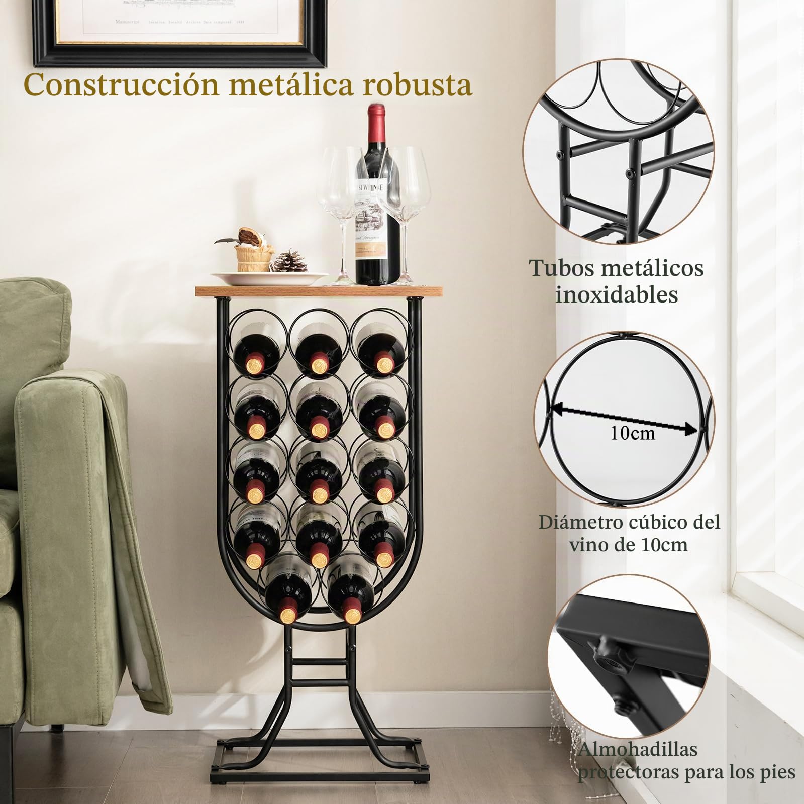 KOMFOTTEU Botellero para 14 Botellas con Ruedas, Soporte Móvil para Vino con Marco Metálico y Tabla de Madera, Organizador Exhibidor de Almacenamiento de Vino, para Comedor, Bar, Bodega, 39×30×76 cm