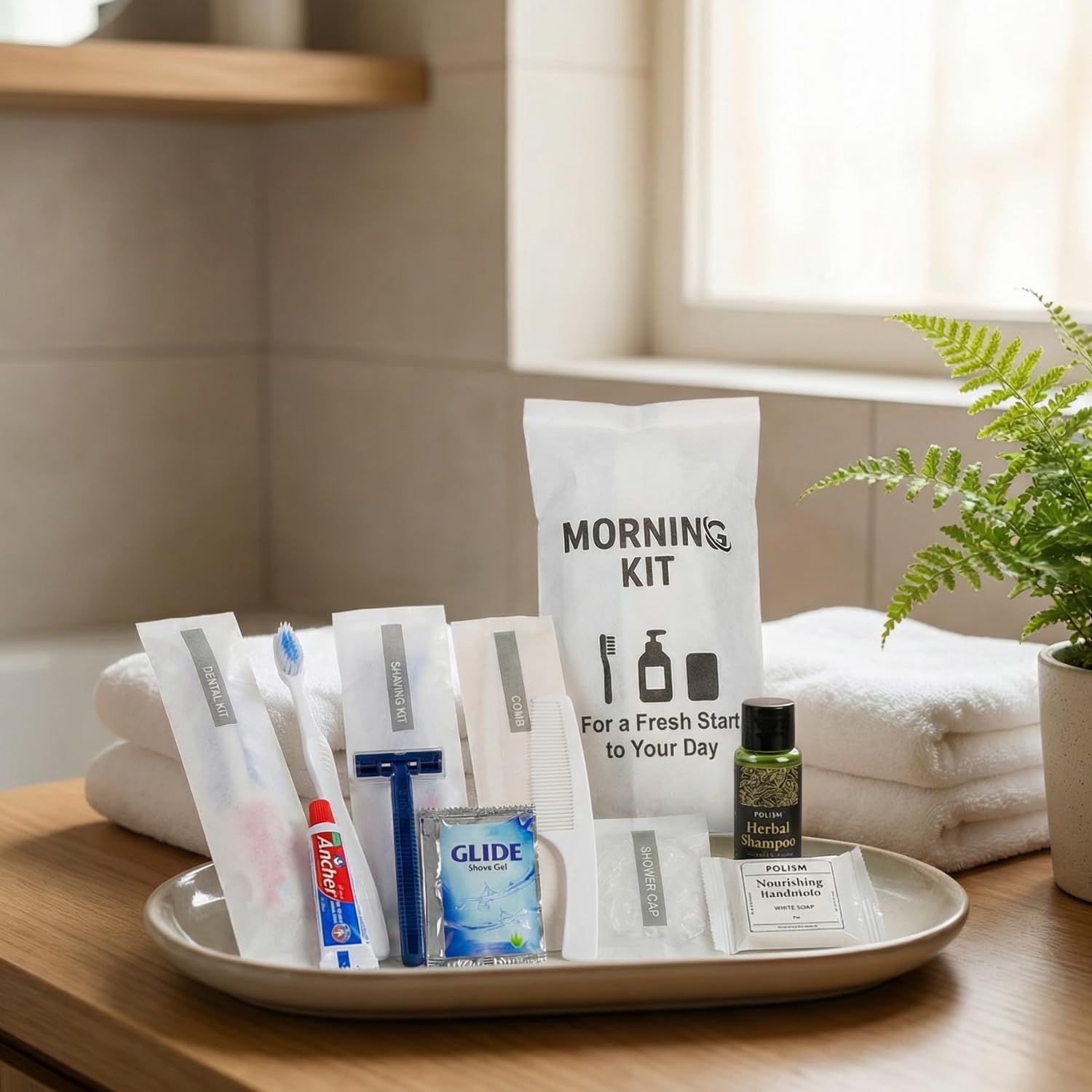 Morning Kit Hotel Toiletries 6-in-1 Travel Essentials | Shampoo, Dental Kit, Shaving Kit, Comb, Shower Cap & Soap in Butter Paper Pouch | Ideal for Hotels, Airbnb, Weddings (Set of 50)