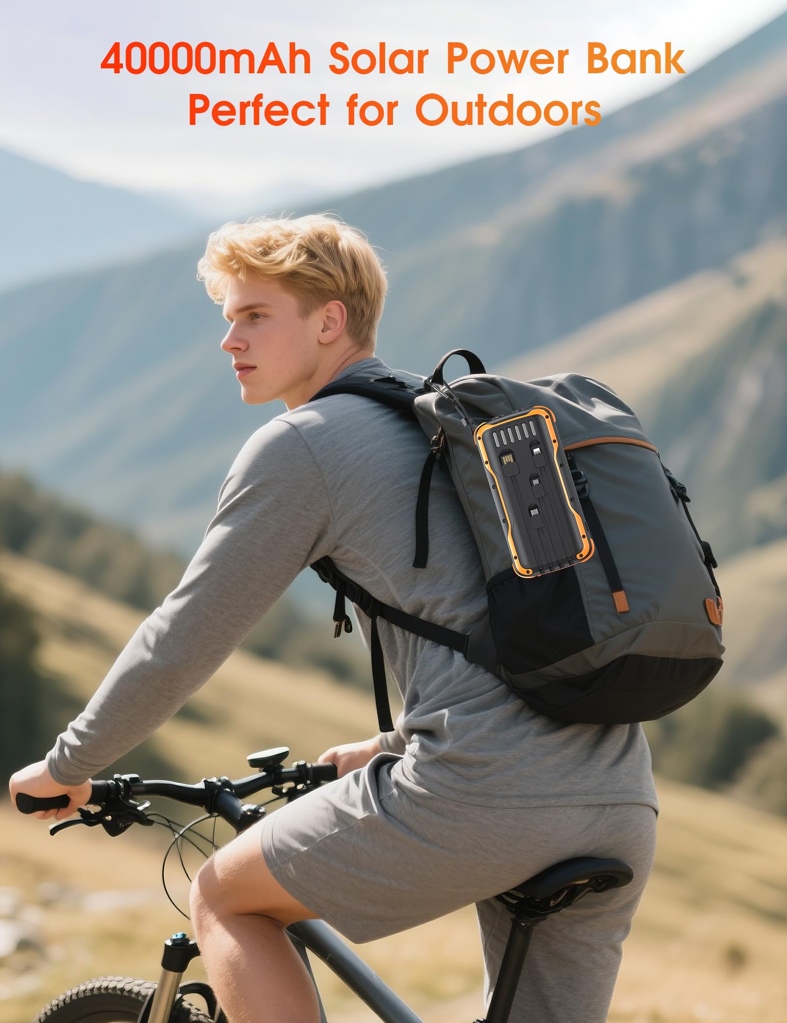 Cargador solar, batería externa de carga rápida PD de 20 W, cargador de teléfono portátil de 40000 mAh, 4 cables integrados con linternas dobles brillantes para camping, senderismo y uso al