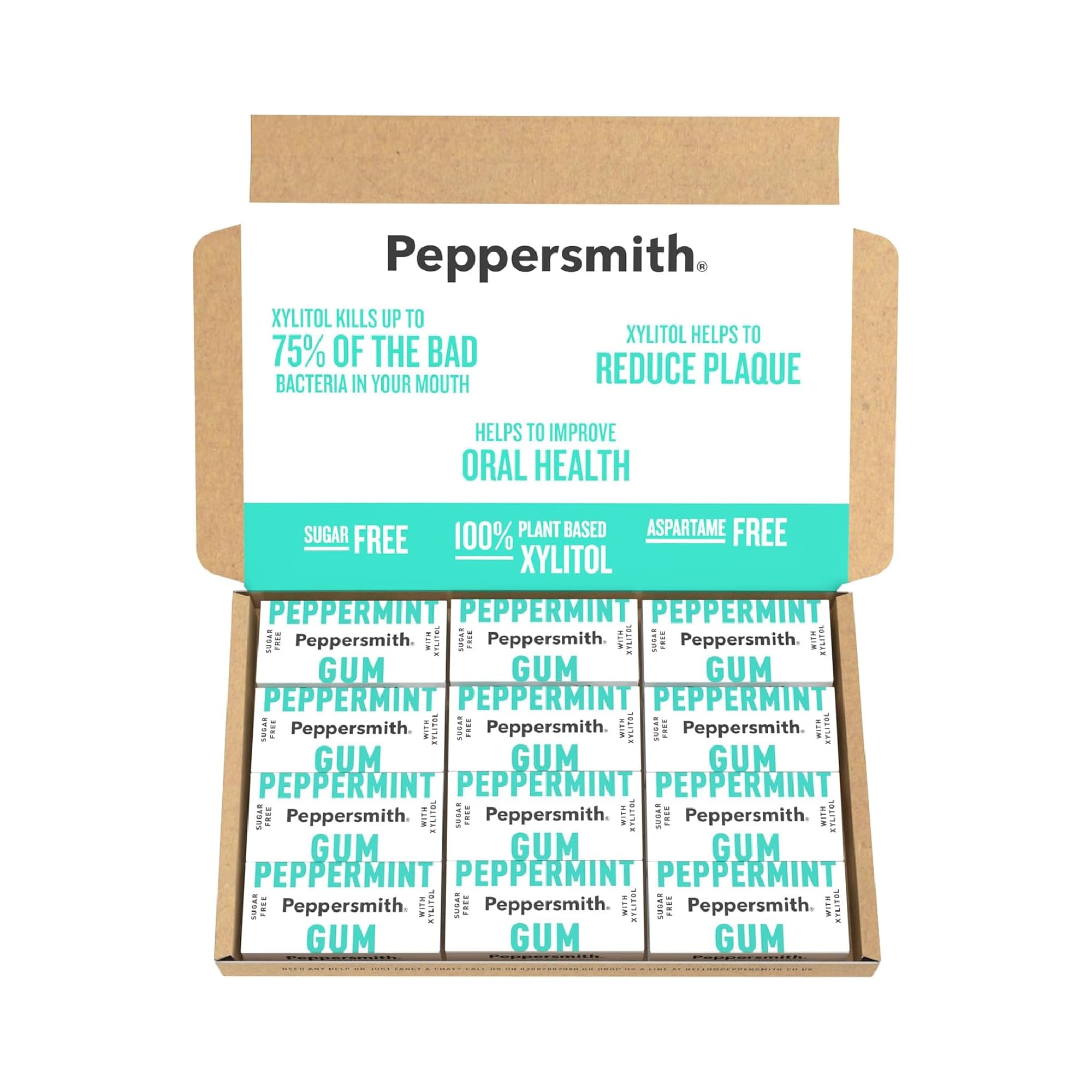 PeppersmithBritish Peppermint Chewing Gum - Vegan Friendly - 100% Xylitol Plant Based Sweetener - Fresh Breath - Sugar Free Gum - Benefits Oral Health - Pocket Packs - 12x15g