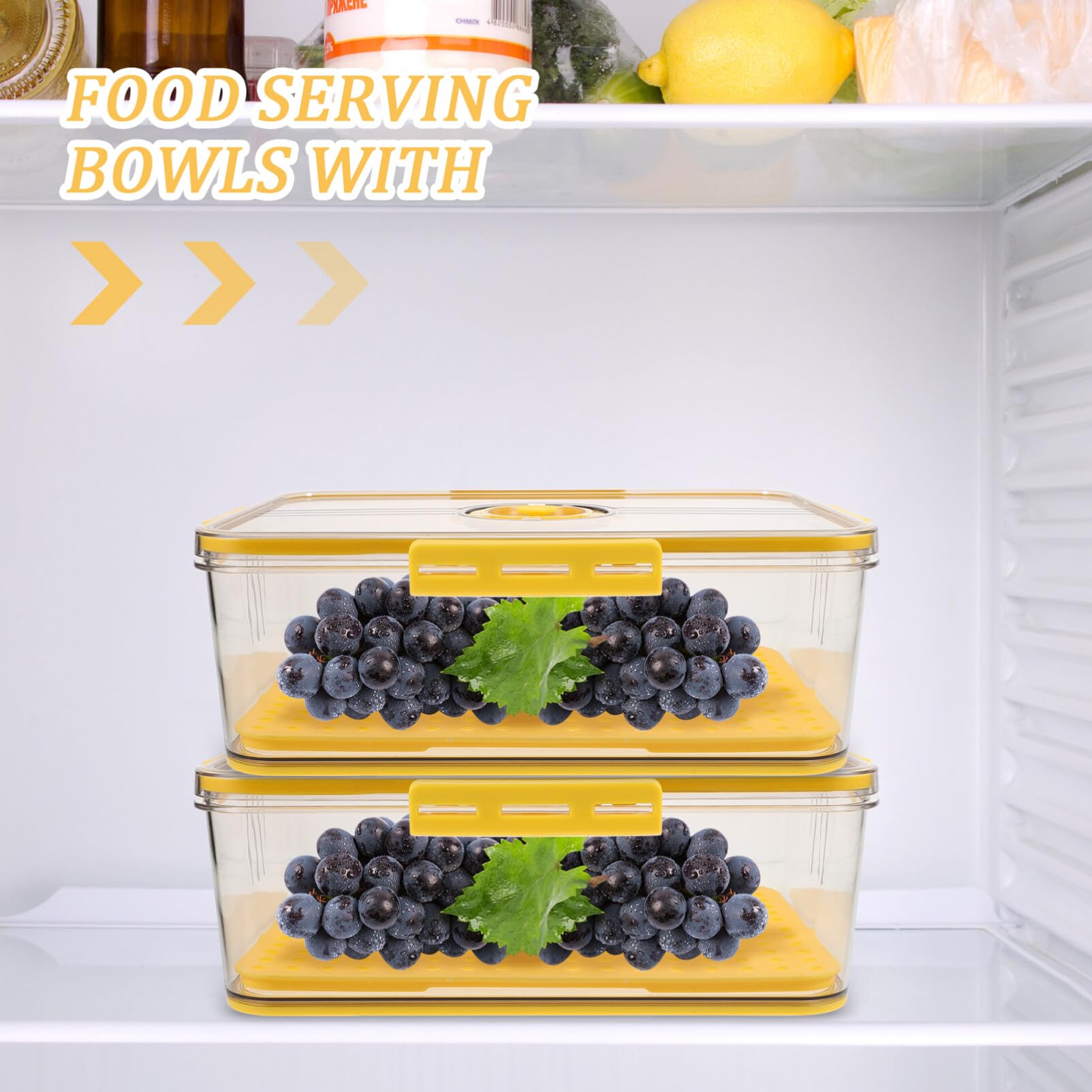 Kühlschrankbox Frischebox aus Pet mit 4-seiten Verschluss und Dichtungsring | Abtropfplatte, Gelb, für Küche und Vorratsraum, mit Zeitwahl für Obst und Zutaten