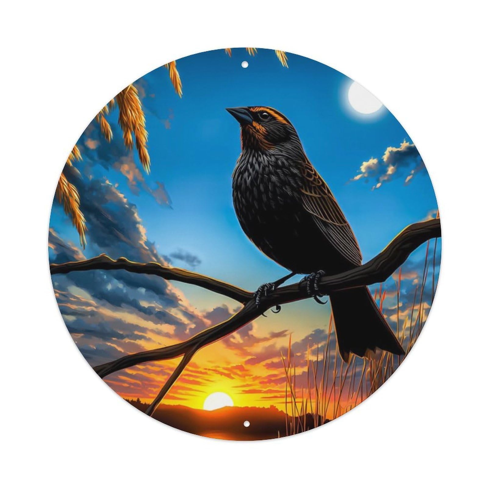 Animal Blackbird Sunset Lakeside Landscape Moonlit Lake Vintage Metal Tin Sign Plaque Wall Decor for Cafe, Club Bar, Office, Garden Metal Poster 8x8Inch