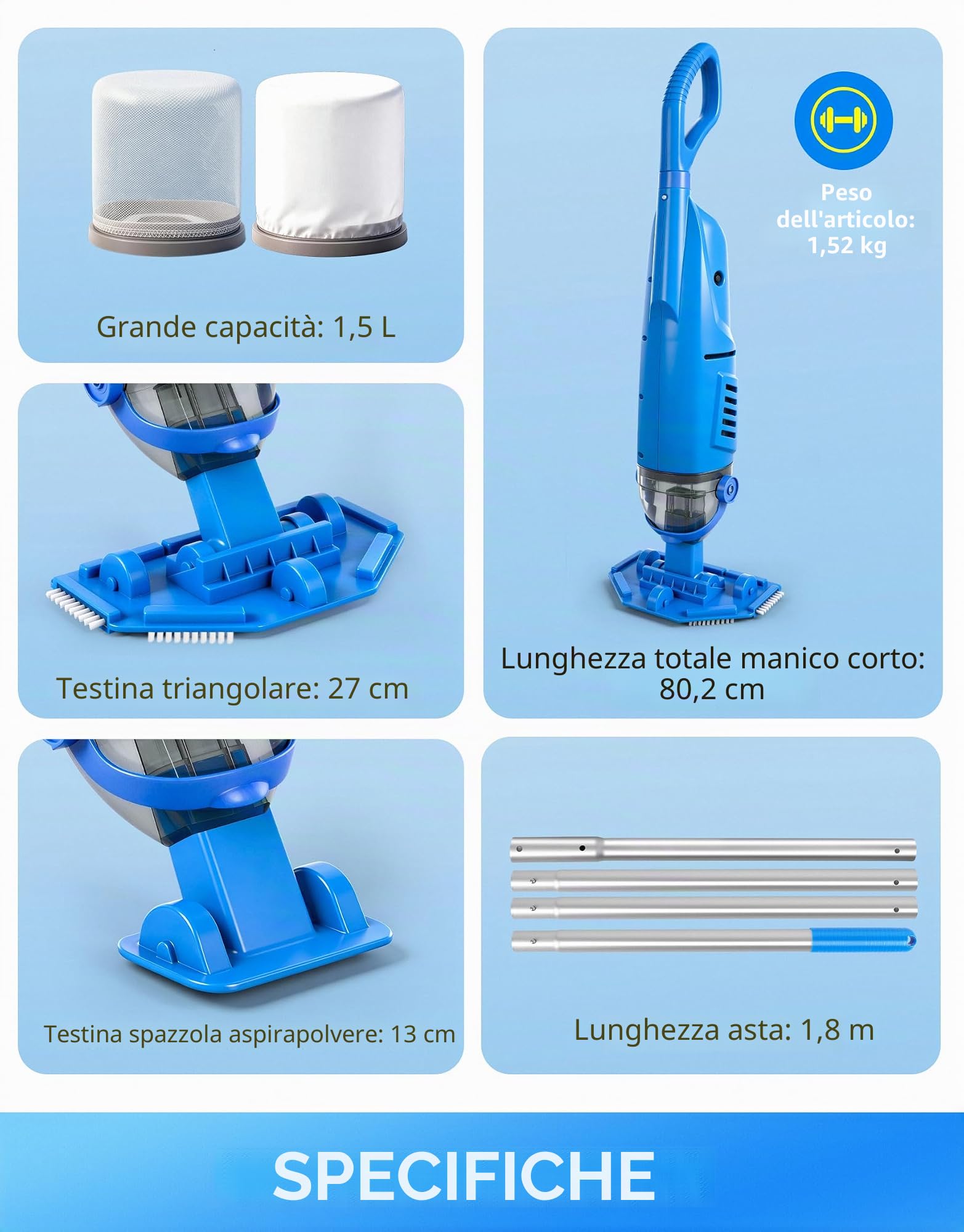 LanBlu Aspirapolvere Piscina a Batteria, 2.5m Aspiratore Piscina Fuori Terra con Palo Telescopico, 4200L/H Manuale Aspiratore Piscine Senza Fili con 4 Filtri,Design Anti-ritorno Pulitore Fondo Piscine