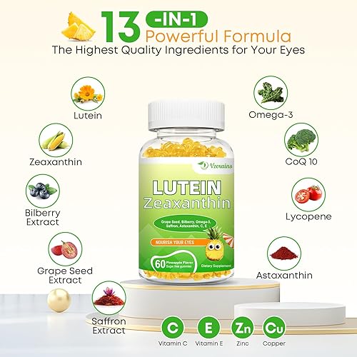 Miniatura 9 de Gomitas de luteína y zeaxantina de 20 mg con arándano, astaxantina, omega 3, vitamina C, E, suplemento de salud ocular sin azúcar para adultos y