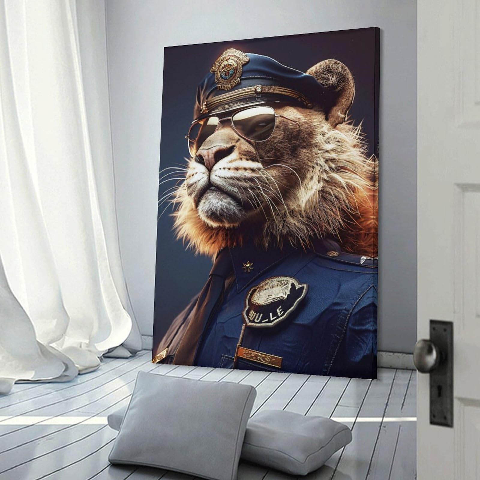 Junmoney Frame-Style-6 Lion Officer Canvas Wall Decor, 24X36inch(60X90cm), For Flats, Guest Rooms Or Compact Rooms, Decorative Canvas Decor For Home Updates