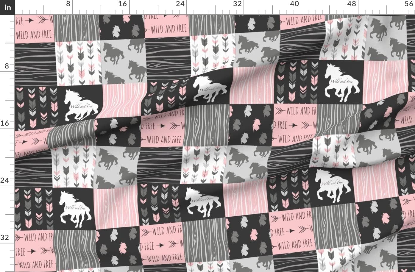 Spoonflower Fabric - Horse Patchwork Pink Black Wild Free Horses Western Cowgirl Printed on Organic Cotton Sateen Fabric by The Yard - Sewing Quilting Apparel Home Decor