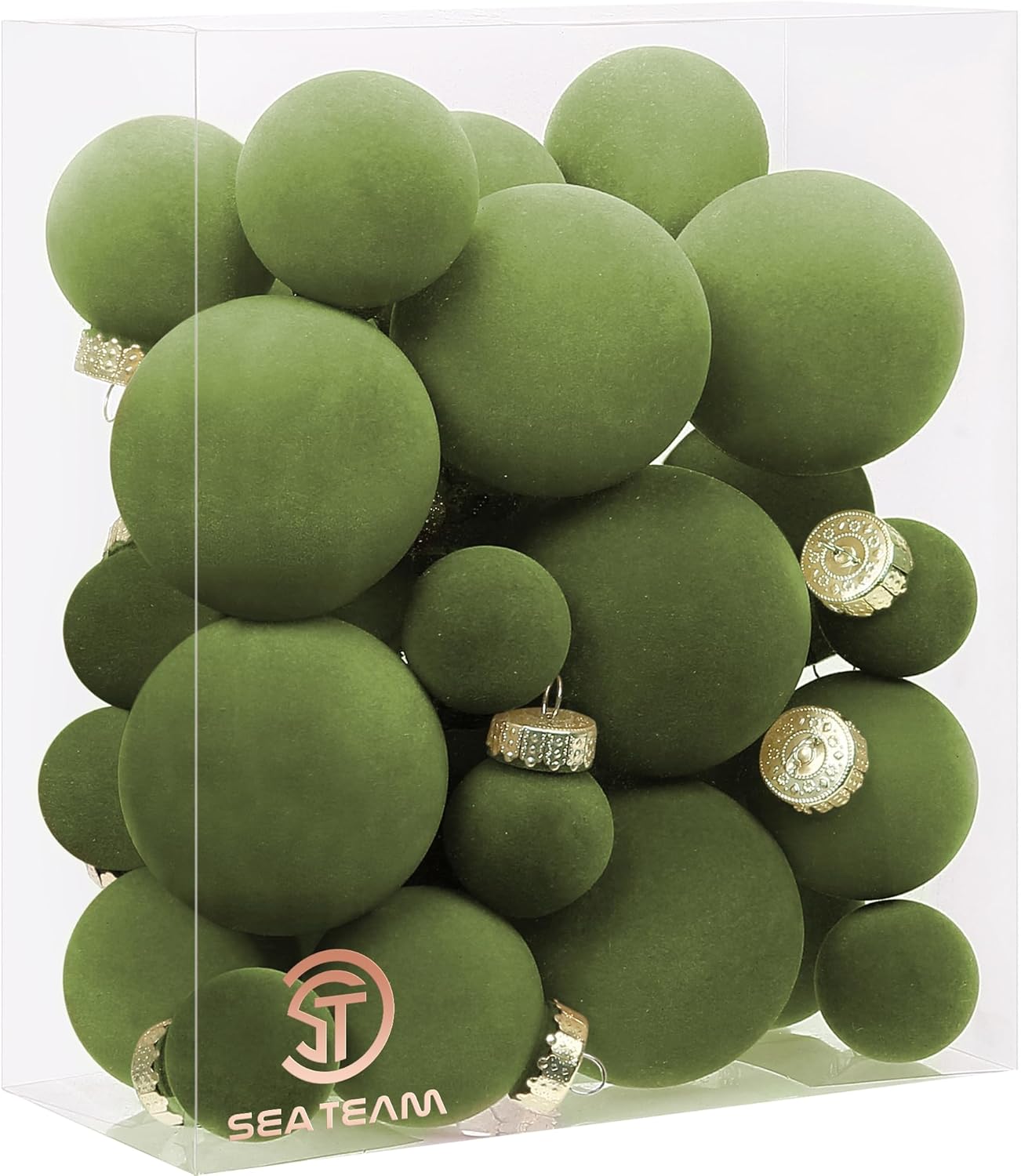 Sea Team 32-Pack Flocked Velvet Christmas Tree Ball Ornaments Set, Decorative Hanging Baubles, Shatterproof Plastic Decorations for Xmas Tree, Wreath, Garland, Multi-Sized, Green Multisized/32-Pack Green