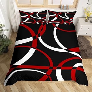 White Black Red Swirls Bedding Set,Retro Circle Stripes Duvet Cover forÂ KidsÂ TeenÂ BoysÂ Girls,Modern Abstract Comforter Cover Decorative Room,Modern Simple QuiltÂ CoverÂ withÂ 2Â Pillowcases,King Size