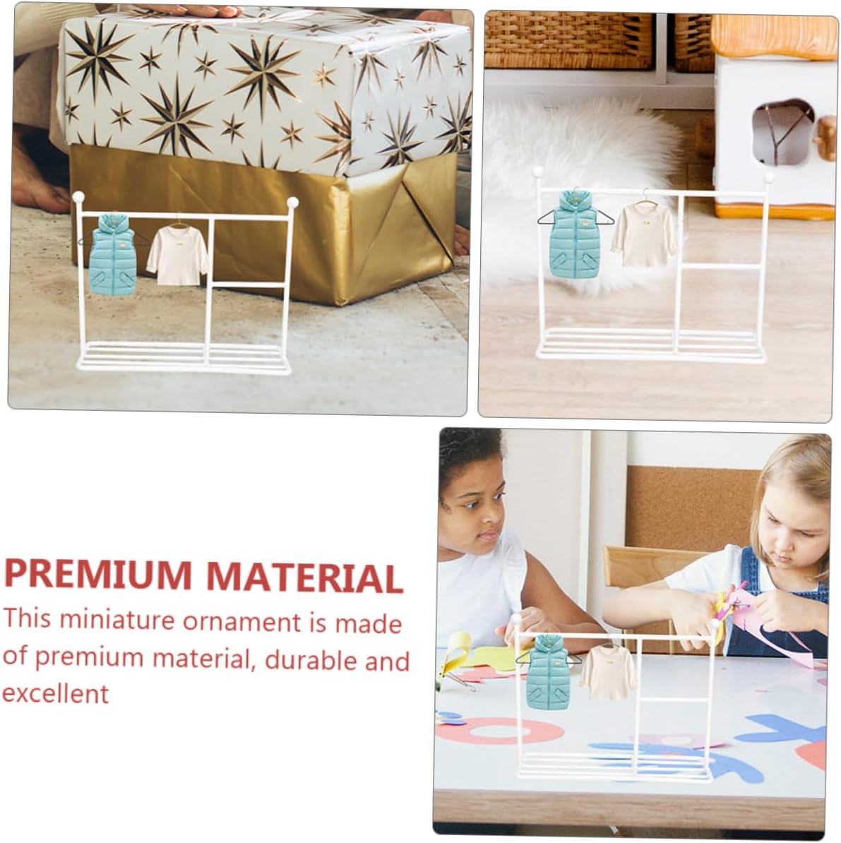 HEMOTON Mini Metal Doll Clothes Organizer Rack 25x21cm White Miniature Garment Holder for Dollhouse Furniture Display and Storage Accessories