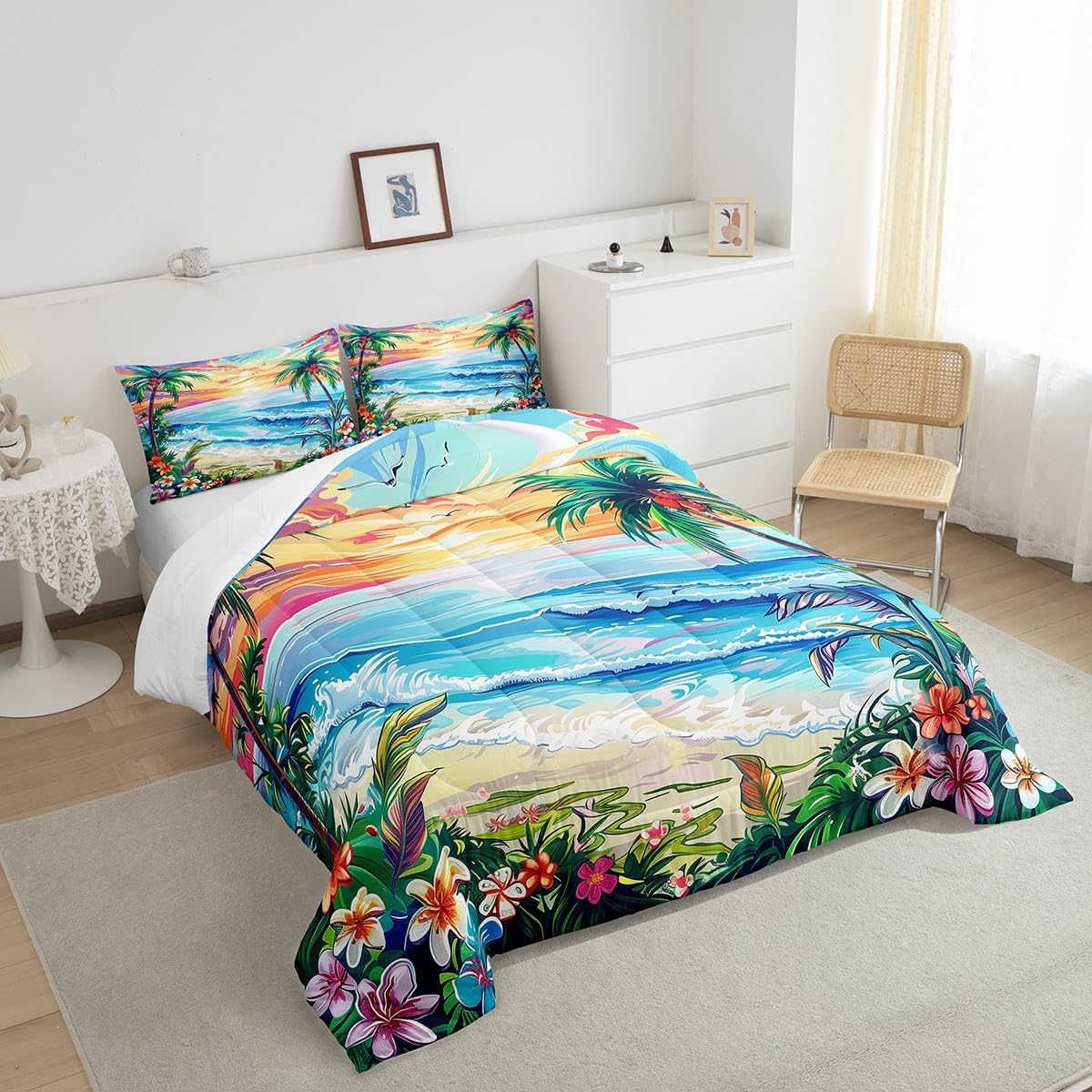 Manfei Hawaii Summer Comforter Set Full Size,Seaside Tropical Flowers Coconut Palm Trees Bedding Set 3 Pcs for Teens Young,Watercolor Sunset Sky Paint Down Comforter,Orange Blue Green,2 Pillowcases