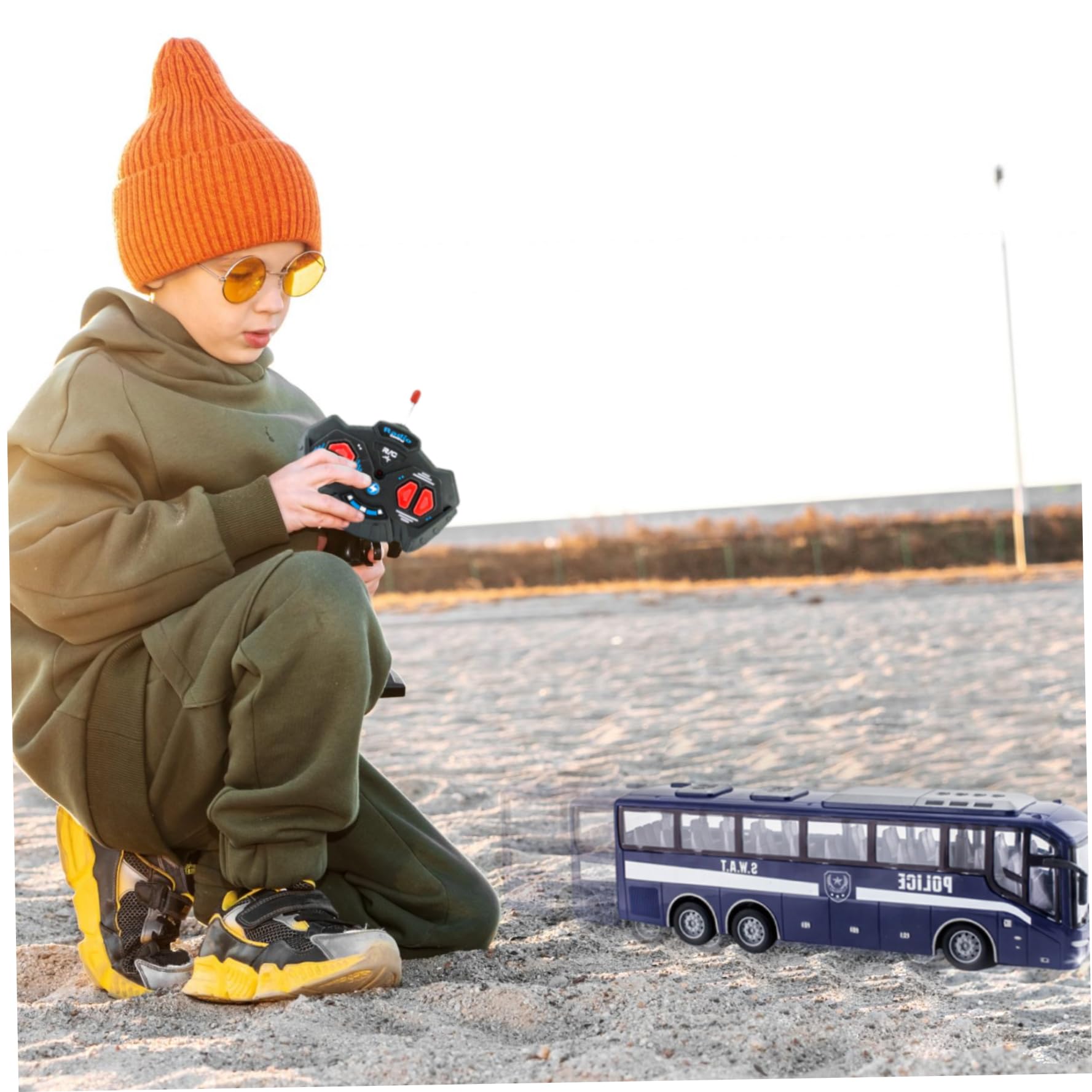 Juguete de autobús de la policía, 12.4x3.2x4.5 pulgadas 1:30 Simulador de autobús de la policía eléctrica realista y divertida de control remoto, regalo creativo para niñas, sin batería, azul