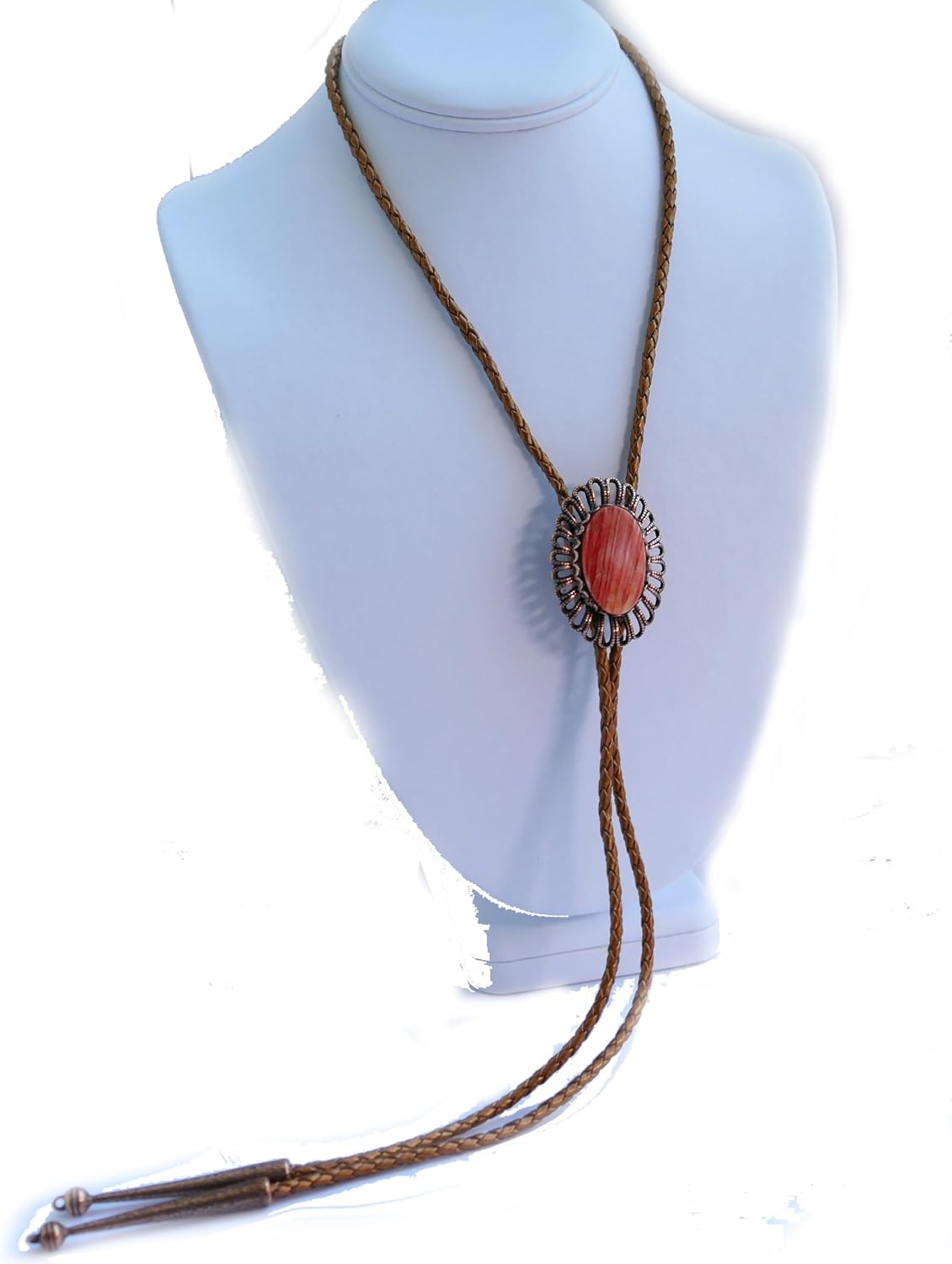 Spiny Oyster is Set in a Wired copper-Tone Bezel for This Bolo Tie With Metallic Leather Son-Colored Cords and Copper-Tone Tips with and 8 mm Ball and Loop on the End